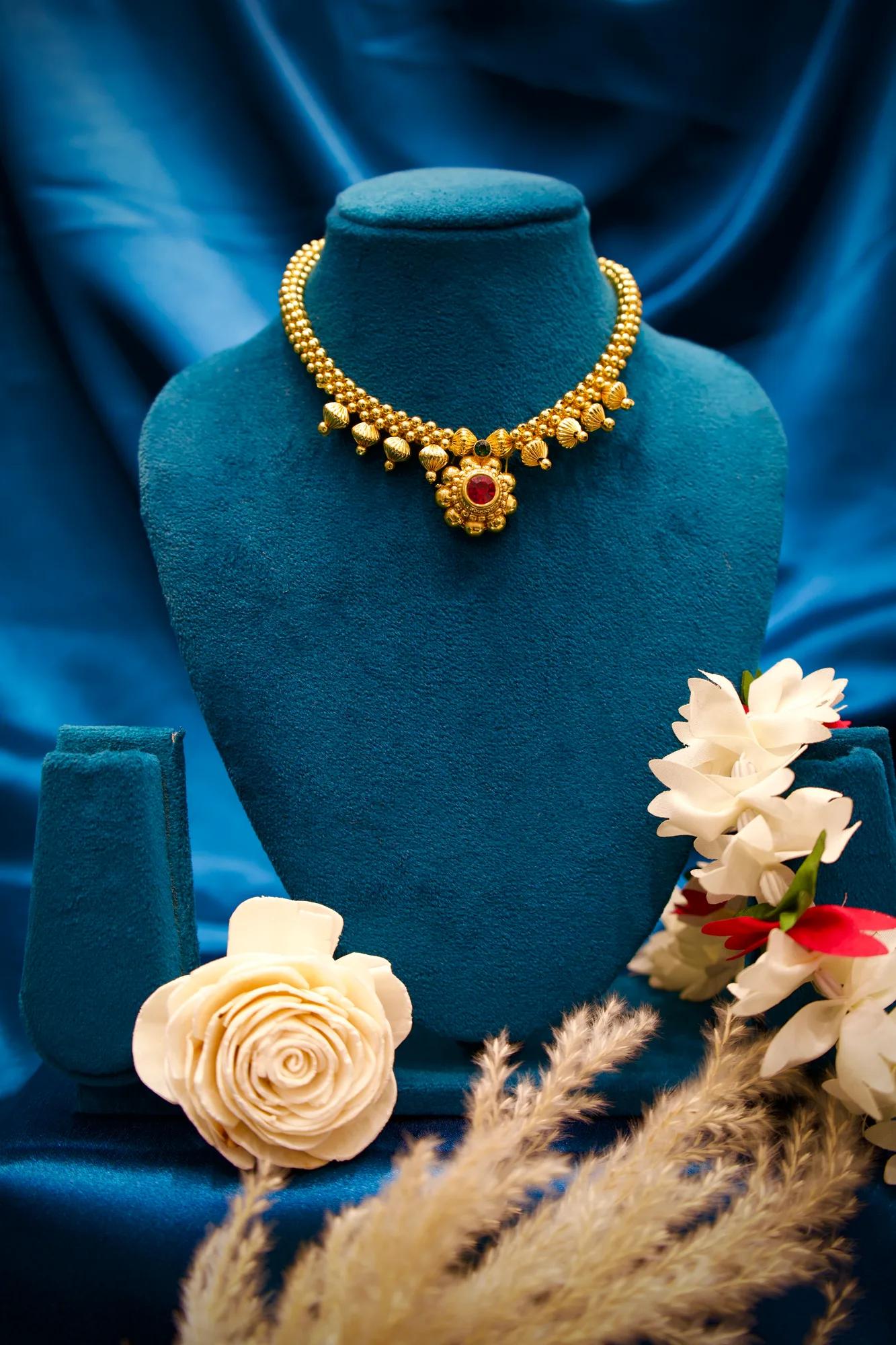 Traditional Floral Gold Choker Necklace with Ruby Stone Pendant