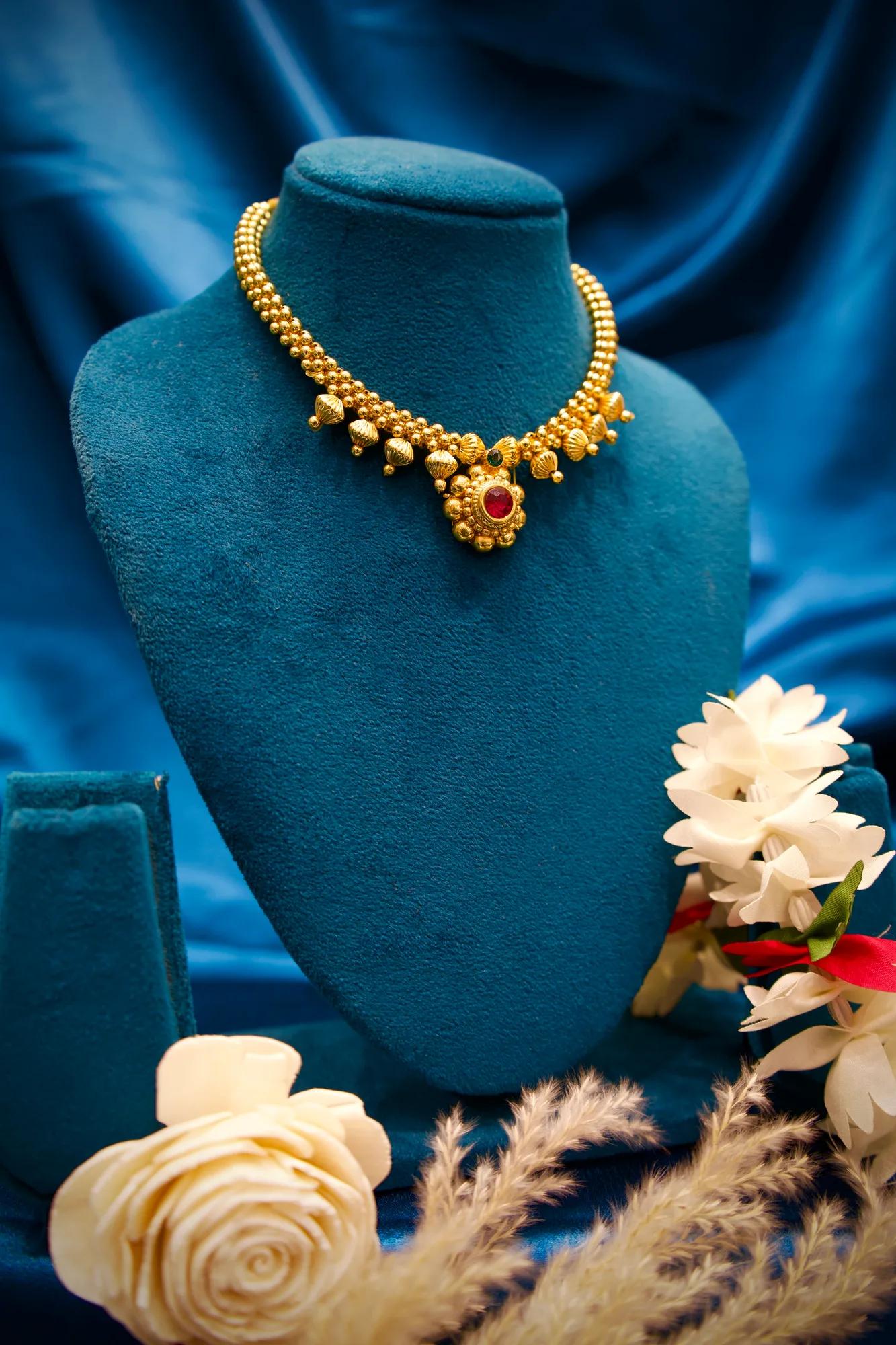 Traditional Floral Gold Choker Necklace with Ruby Stone Pendant