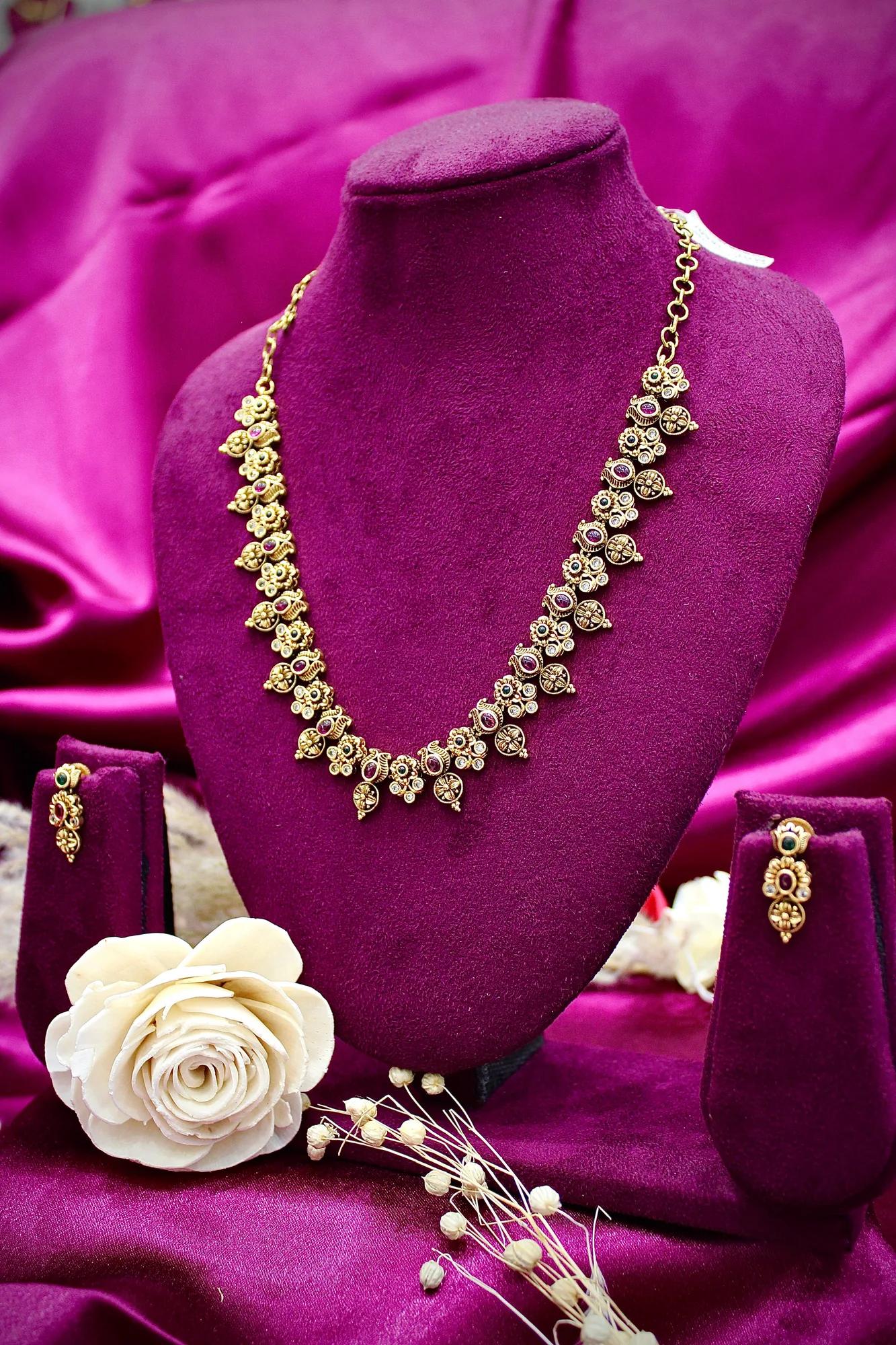 Antique Temple Floral Necklace Set with Multicolor Stone Accents