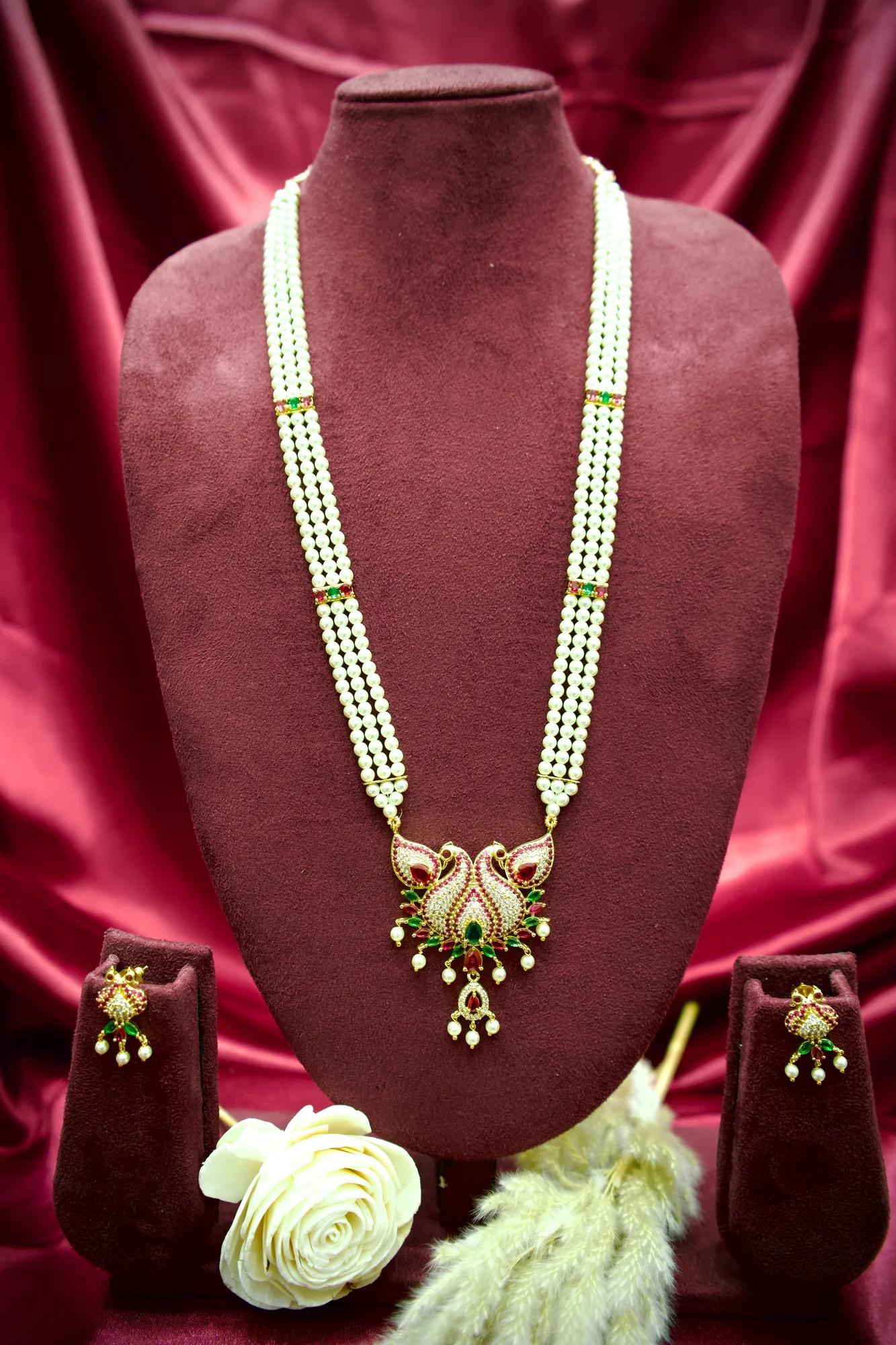 Royal Twin Peacock Pearl Necklace Set with Ruby & Emerald Accents
