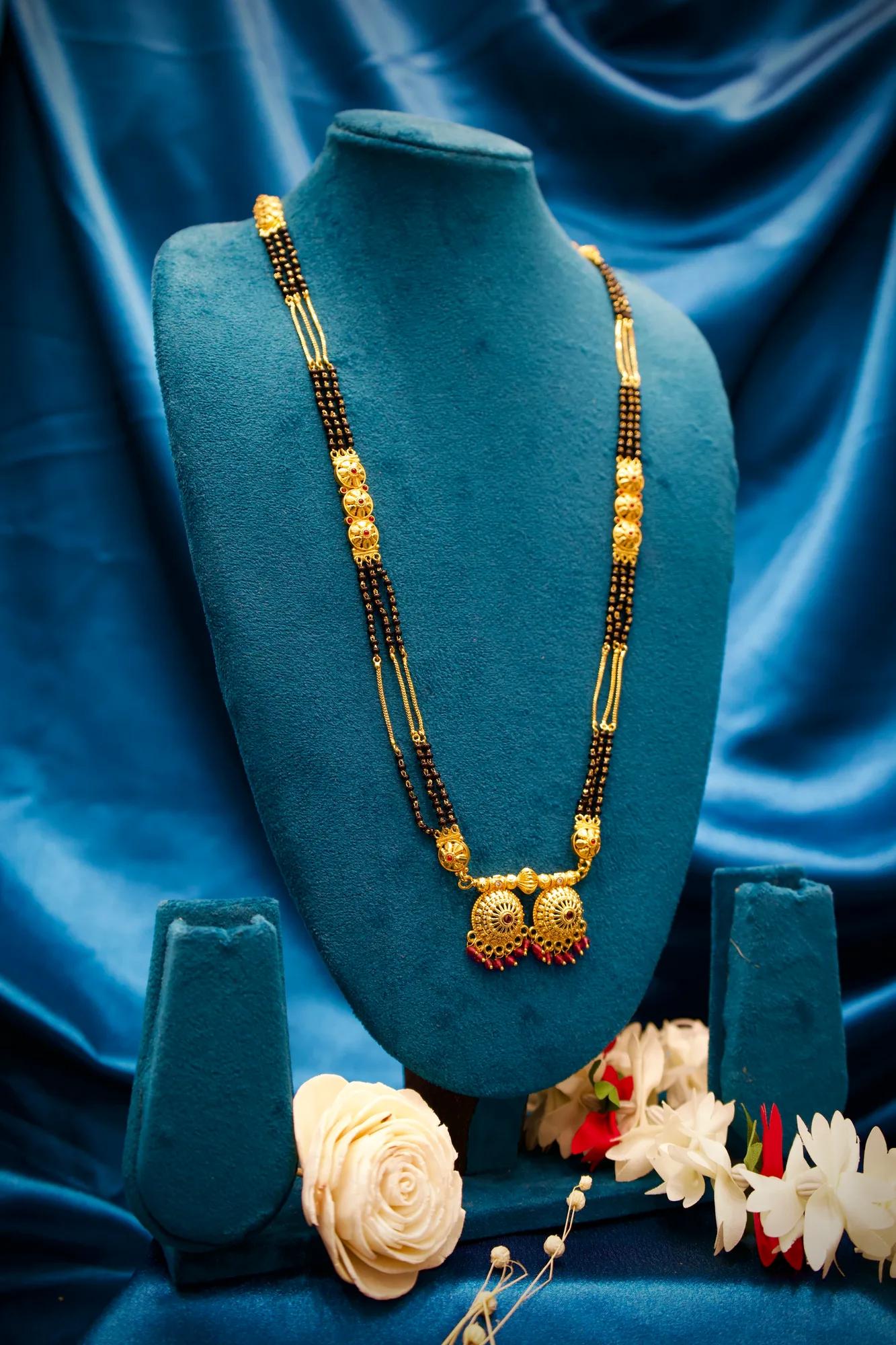 Traditional Black Bead Long Mangalsutra with Dual Jhumka Charms