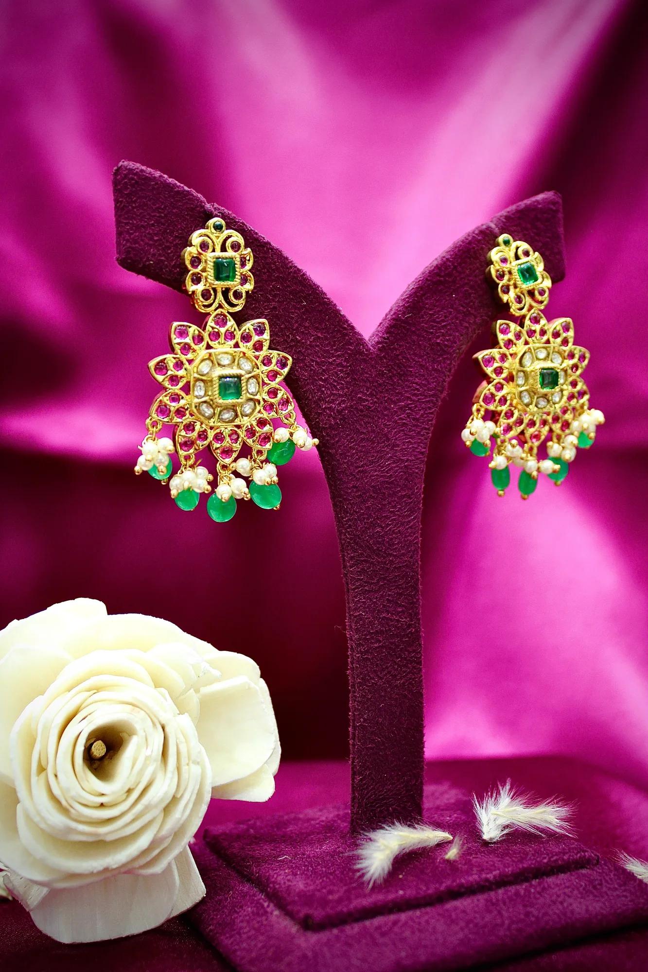 Grand Temple-Inspired Long Haram Necklace Set with Green Beads