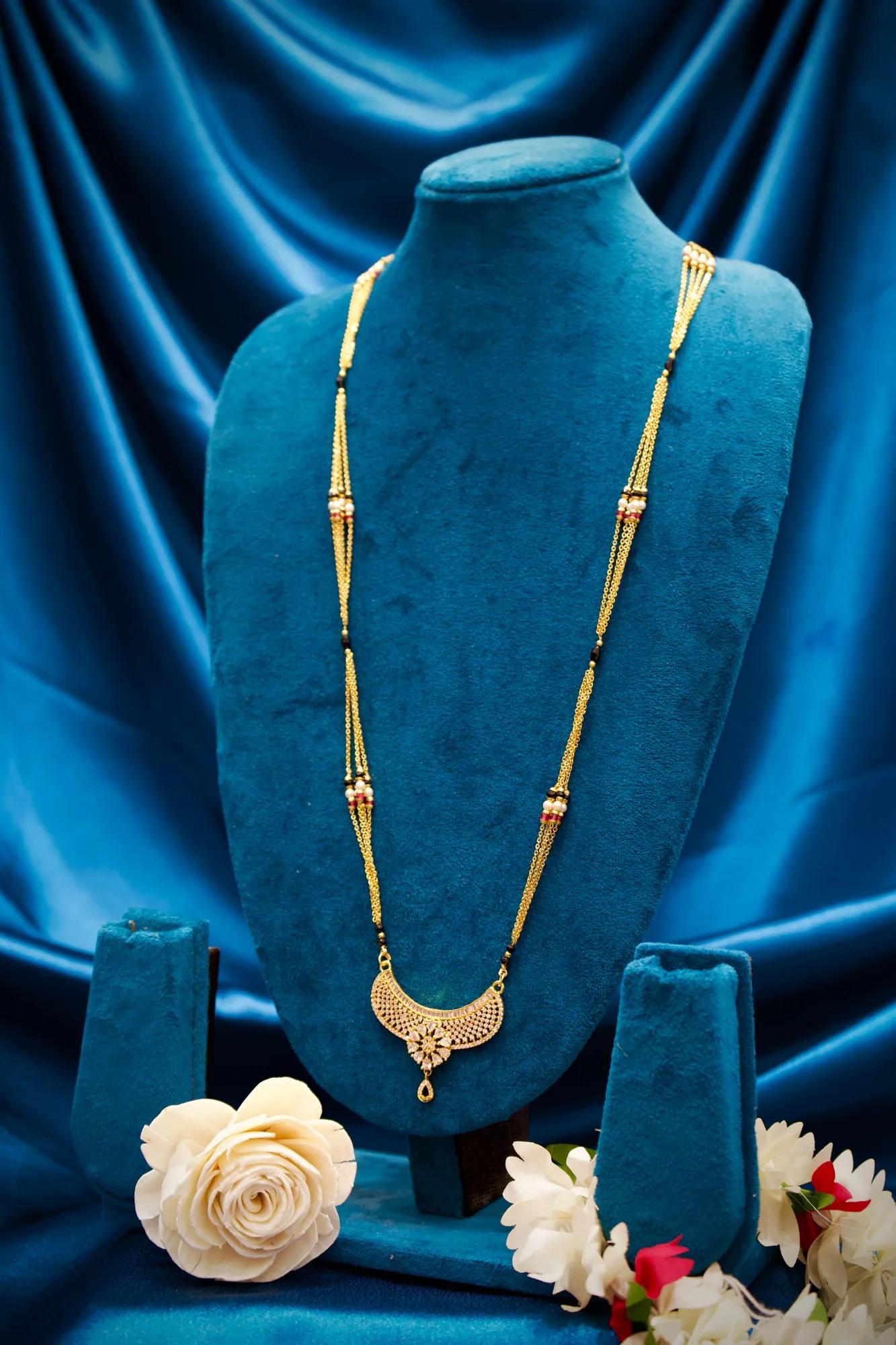 Elegant Diamond-Style Black Bead Mangalsutra with Floral Crescent Pendant