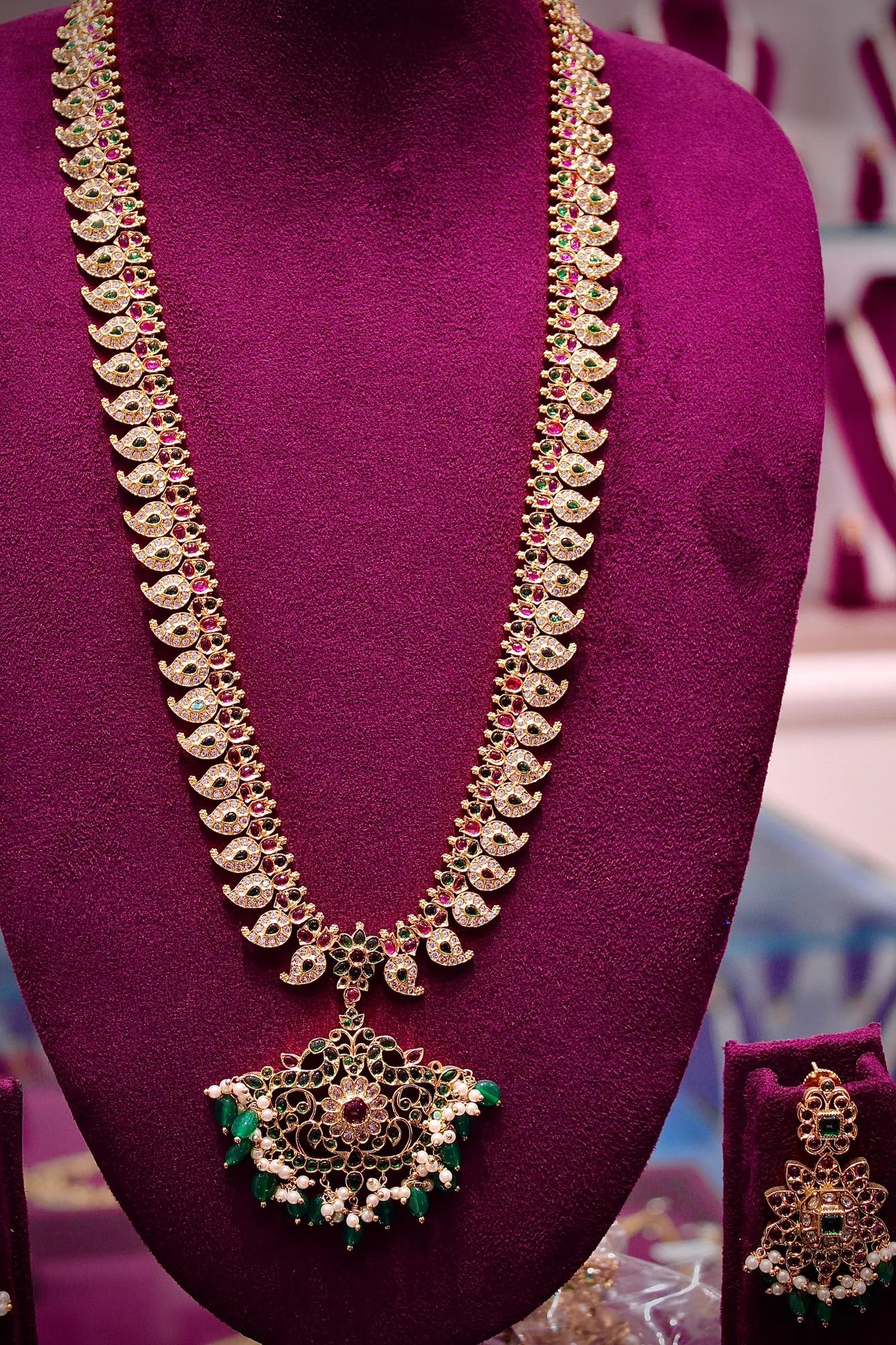 Grand Temple-Inspired Long Haram Necklace Set with Green Beads