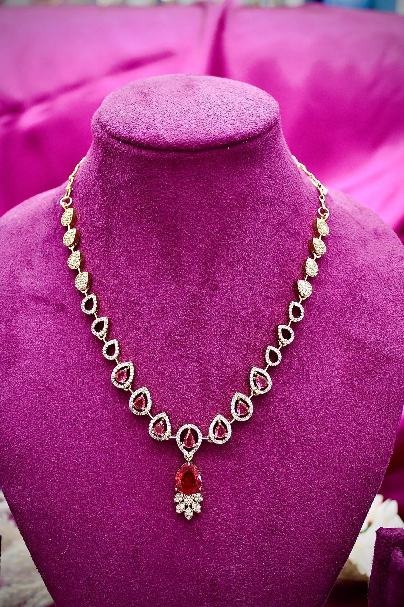 Ruby Teardrop Designer Necklace Set with CZ Stones