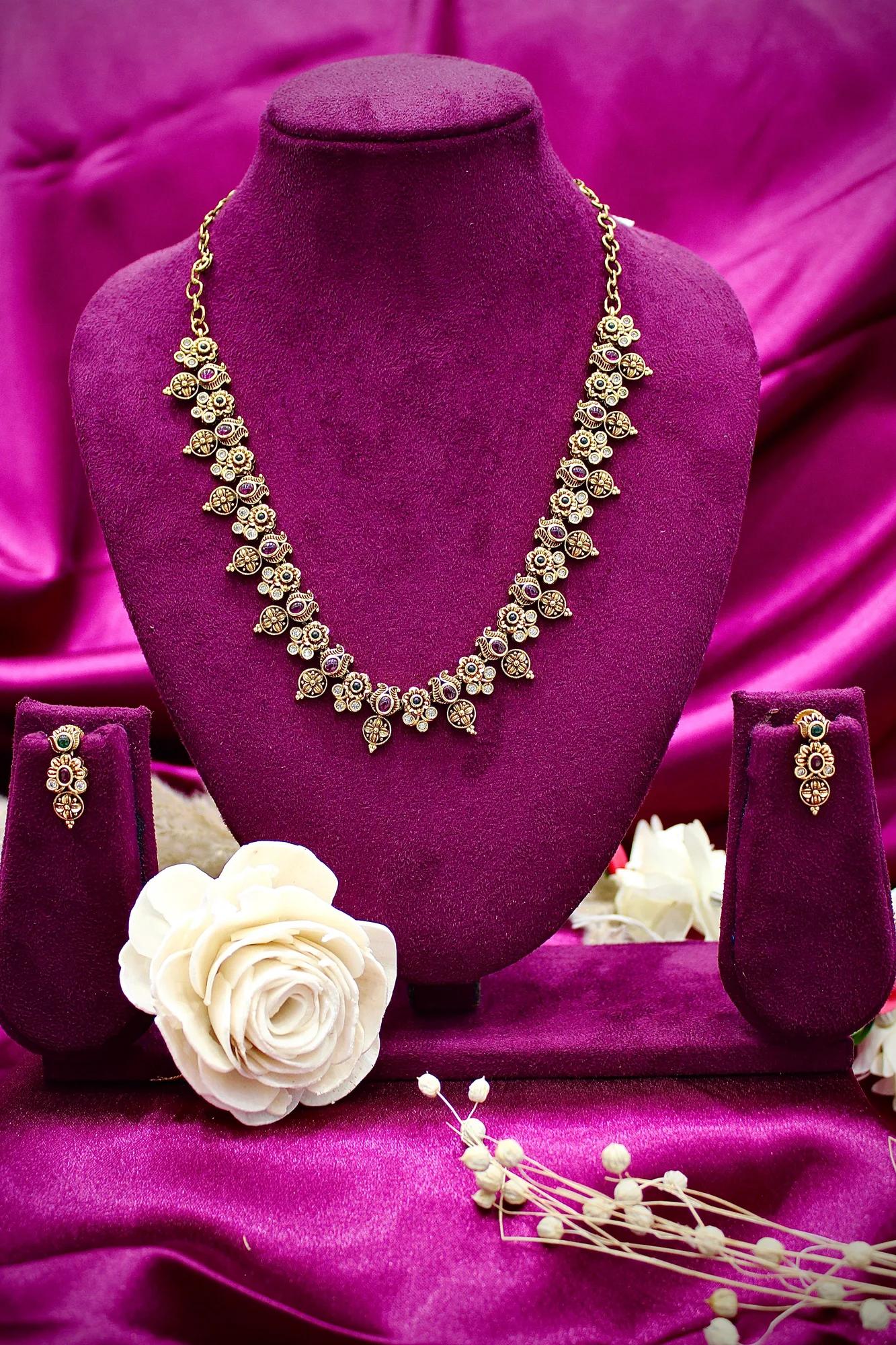 Antique Temple Floral Necklace Set with Multicolor Stone Accents
