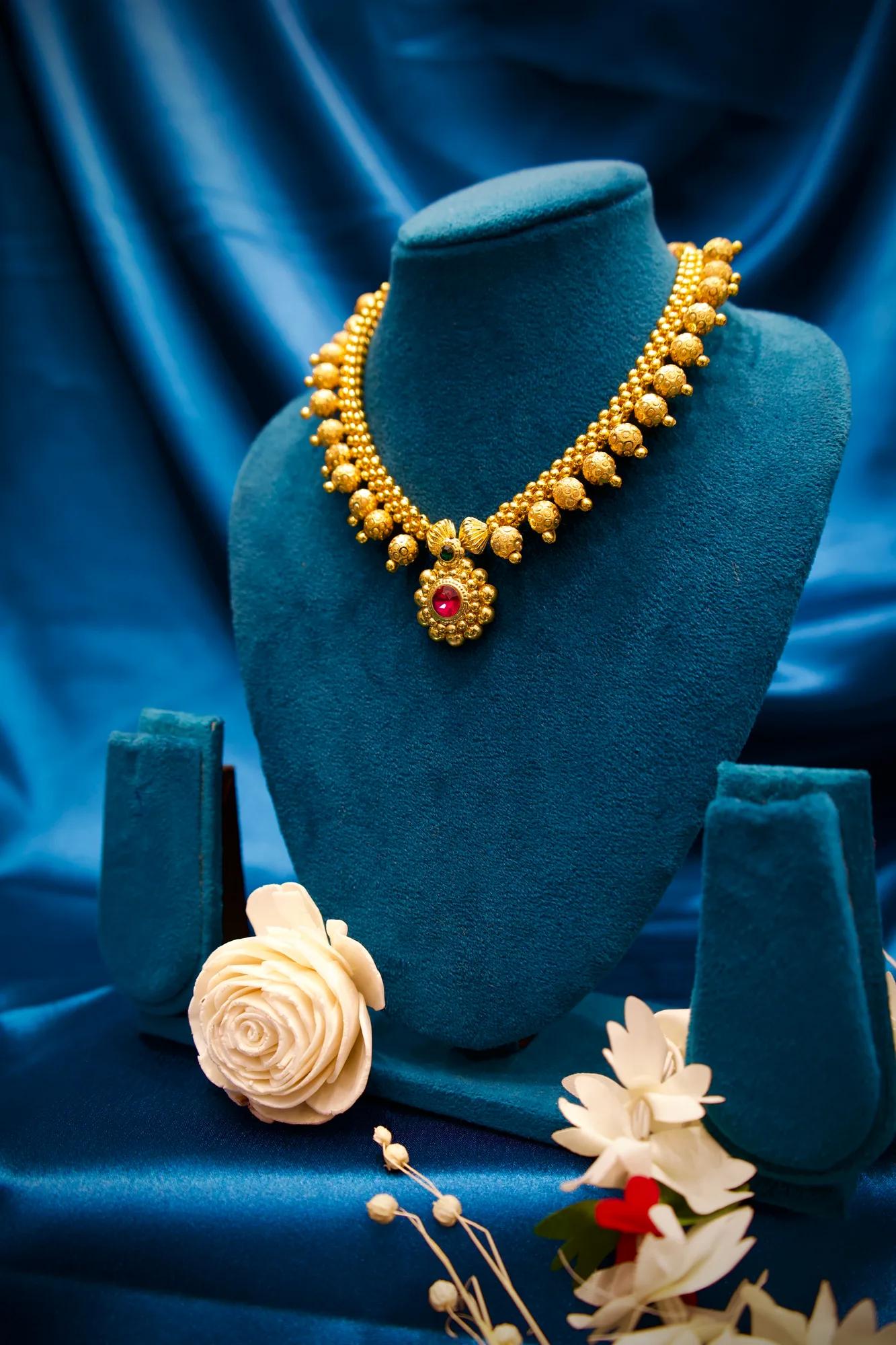 Traditional Gold-Tone Beaded Choker Necklace with Floral Ruby Pendant