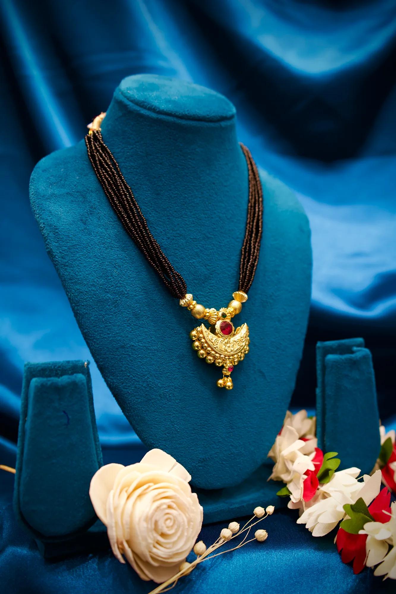 Traditional Black Bead Mangalsutra Necklace with Crescent Pendant