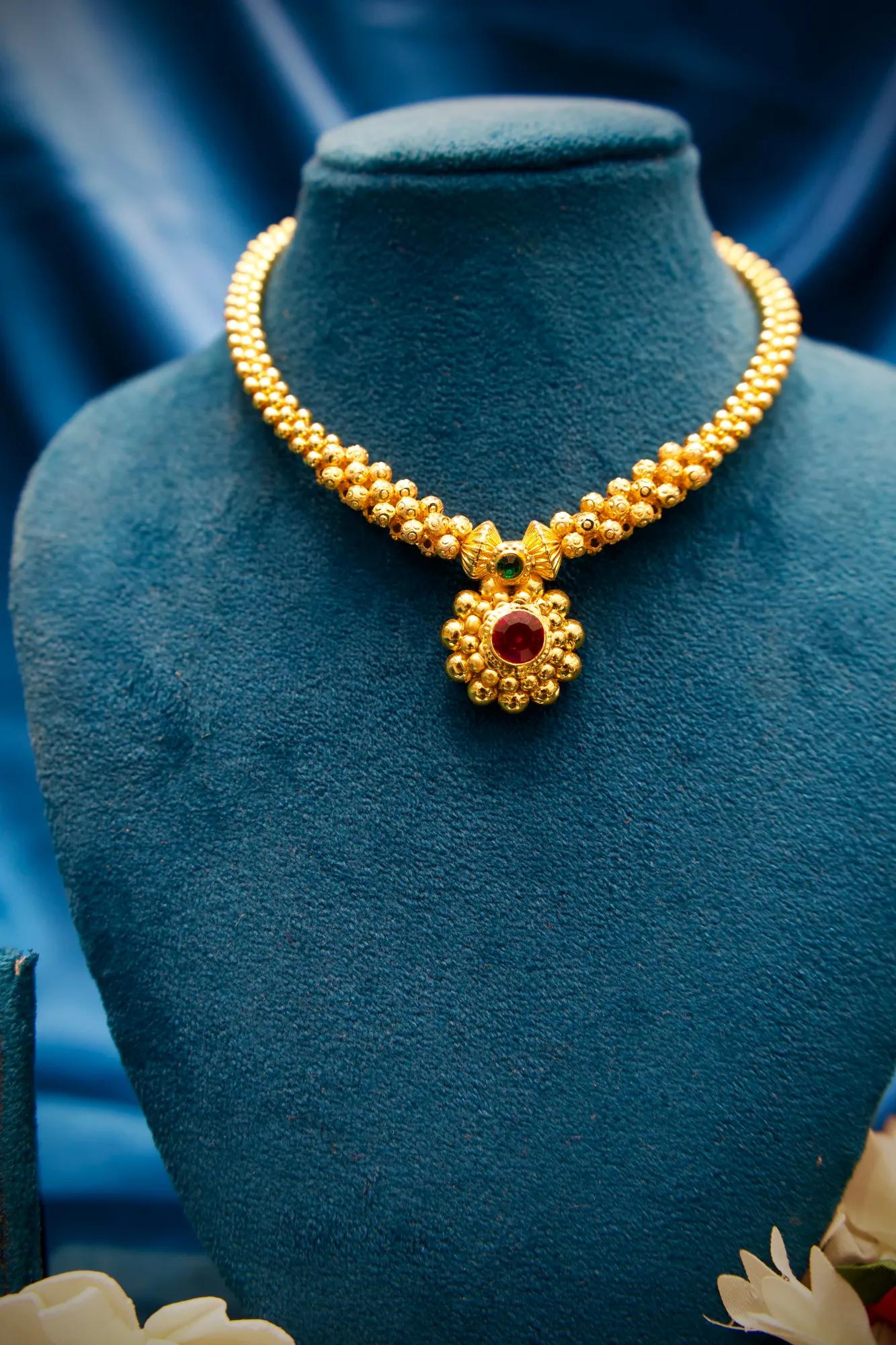 Traditional Floral Gold Bead Choker Necklace with Ruby Stone Pendant