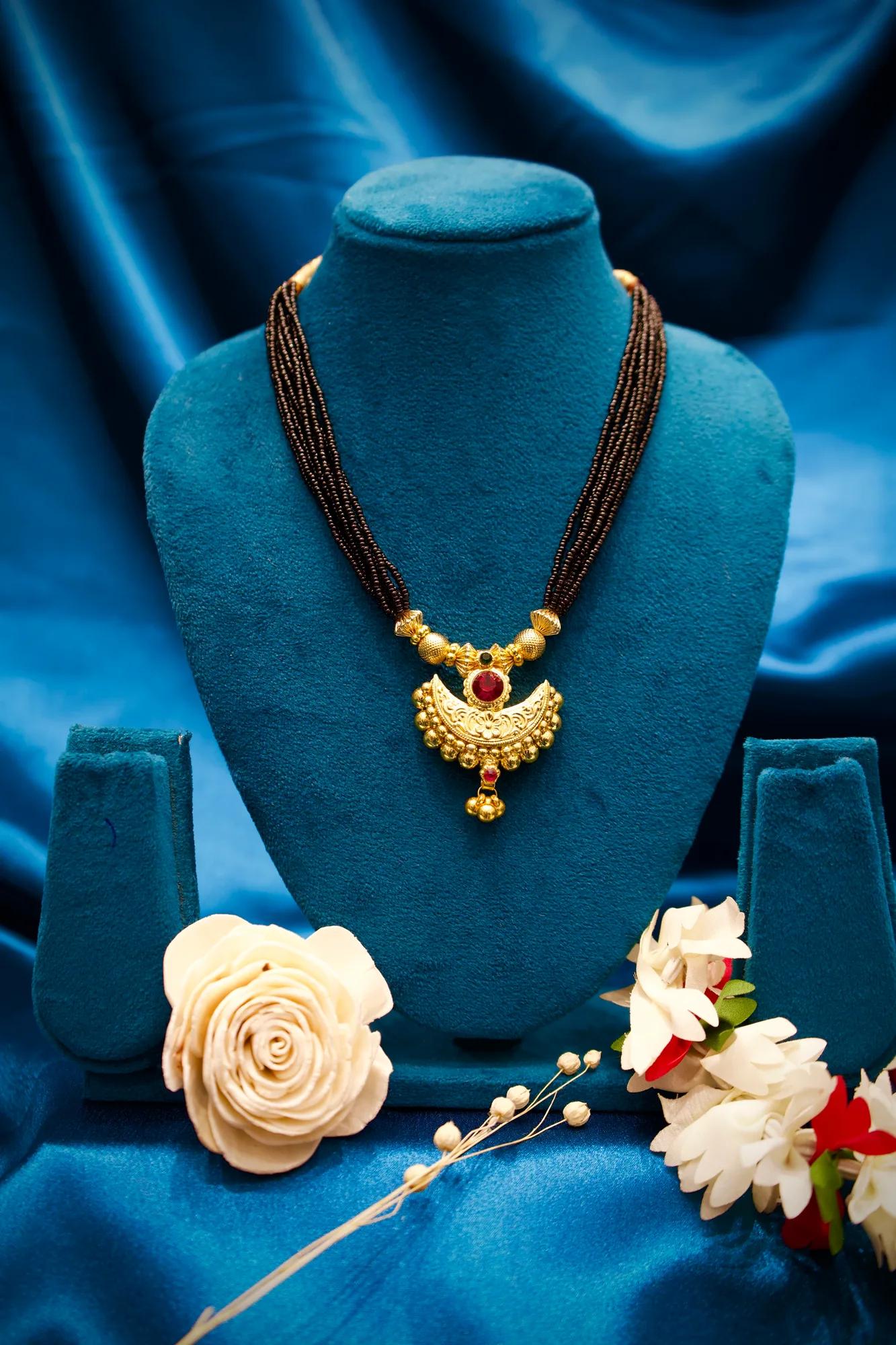 Traditional Black Bead Mangalsutra Necklace with Crescent Pendant