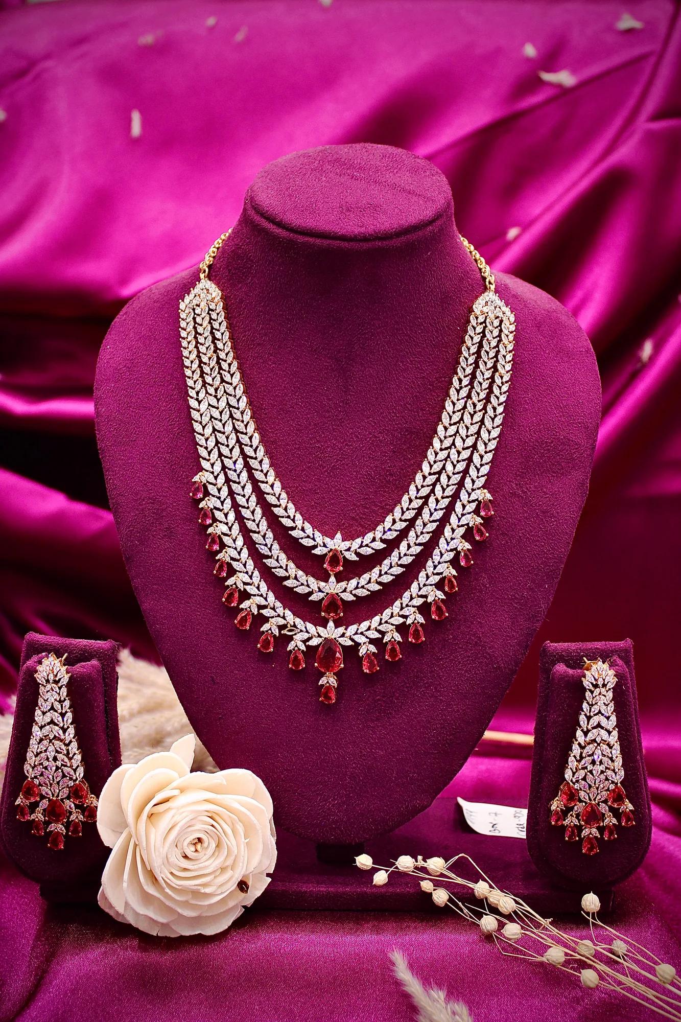 Ruby Drop Layered American Diamond Bridal Necklace Set