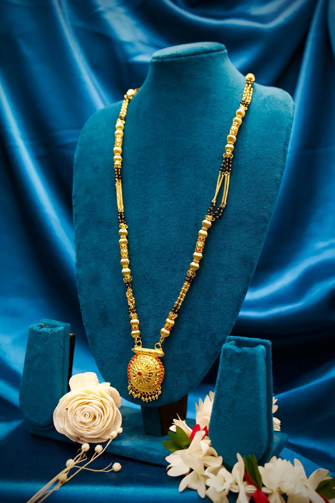 Traditional Black Bead Mangalsutra with Circular Temple Pendant