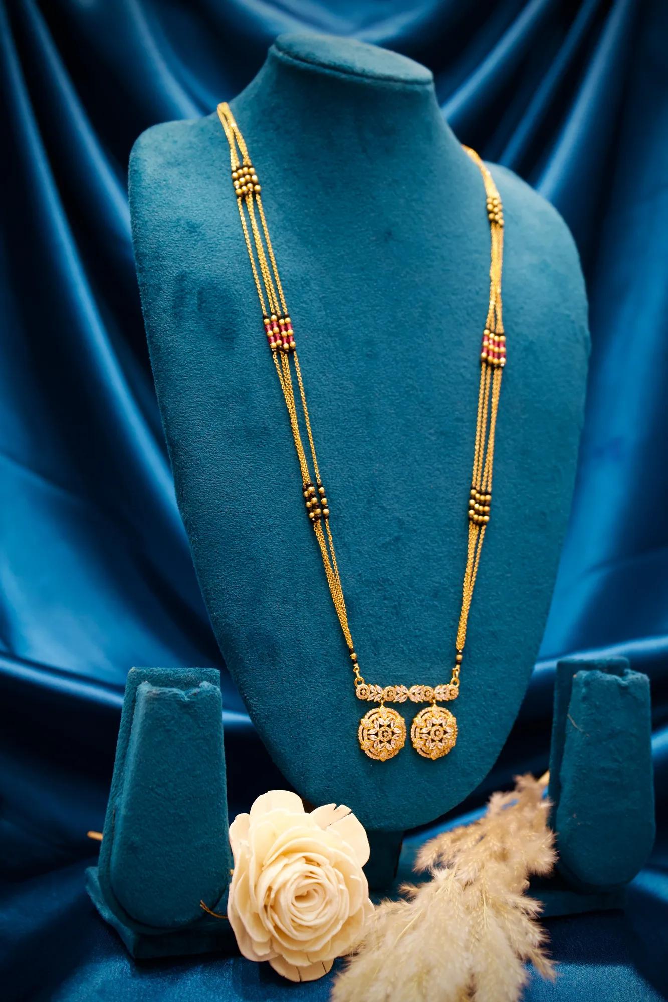 Designer Black Bead Mangalsutra with Dual Floral Medallion Charms