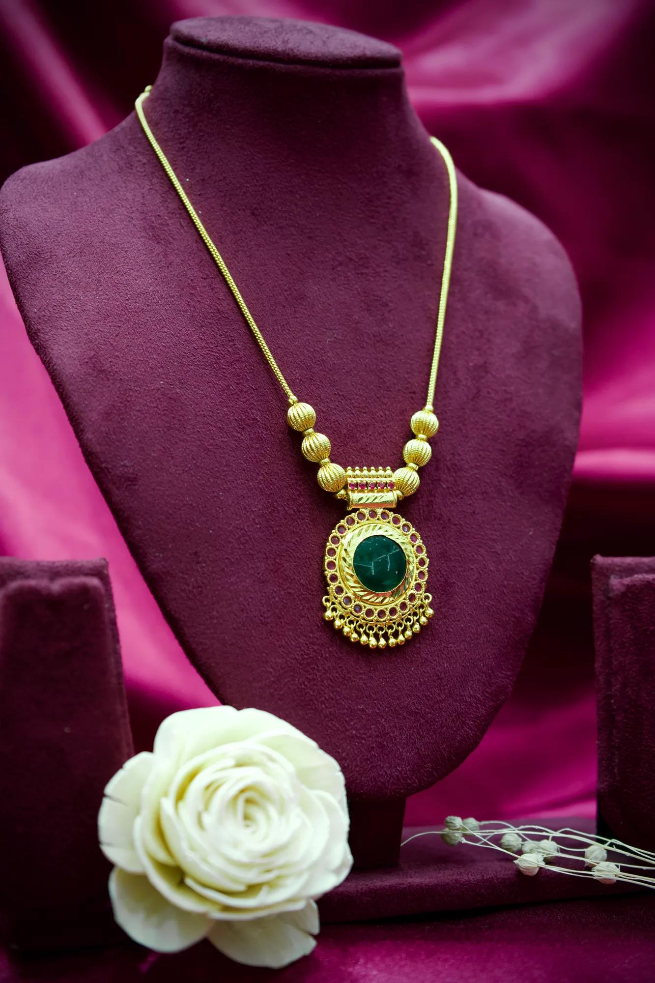 Traditional Emerald Stone Temple Pendant Necklace