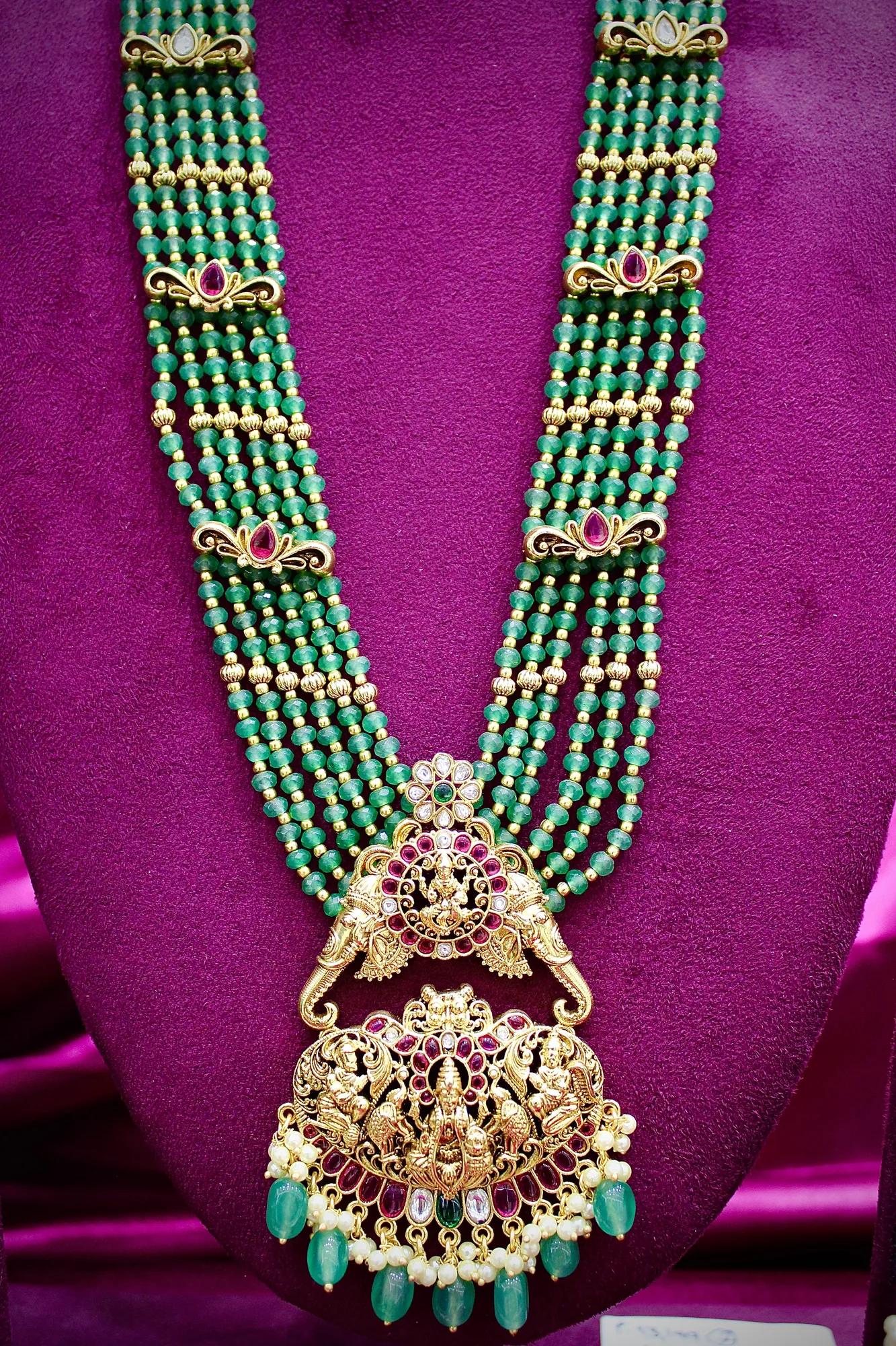 Royal Temple Green Beaded Long Haram Necklace Set with Jhumka Earrings