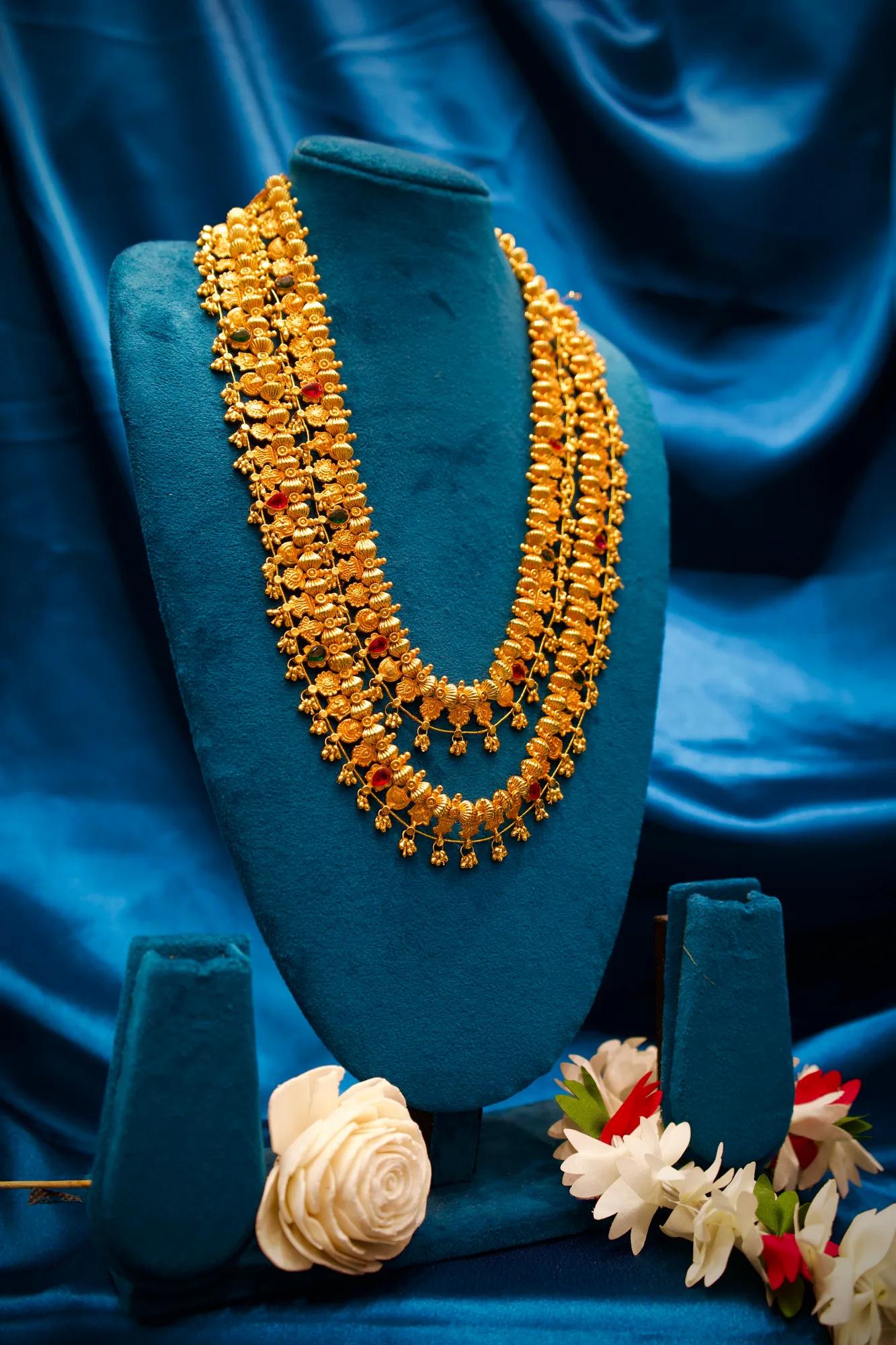 Royal Floral Temple Long Haram Necklace with Dual-Layer Design