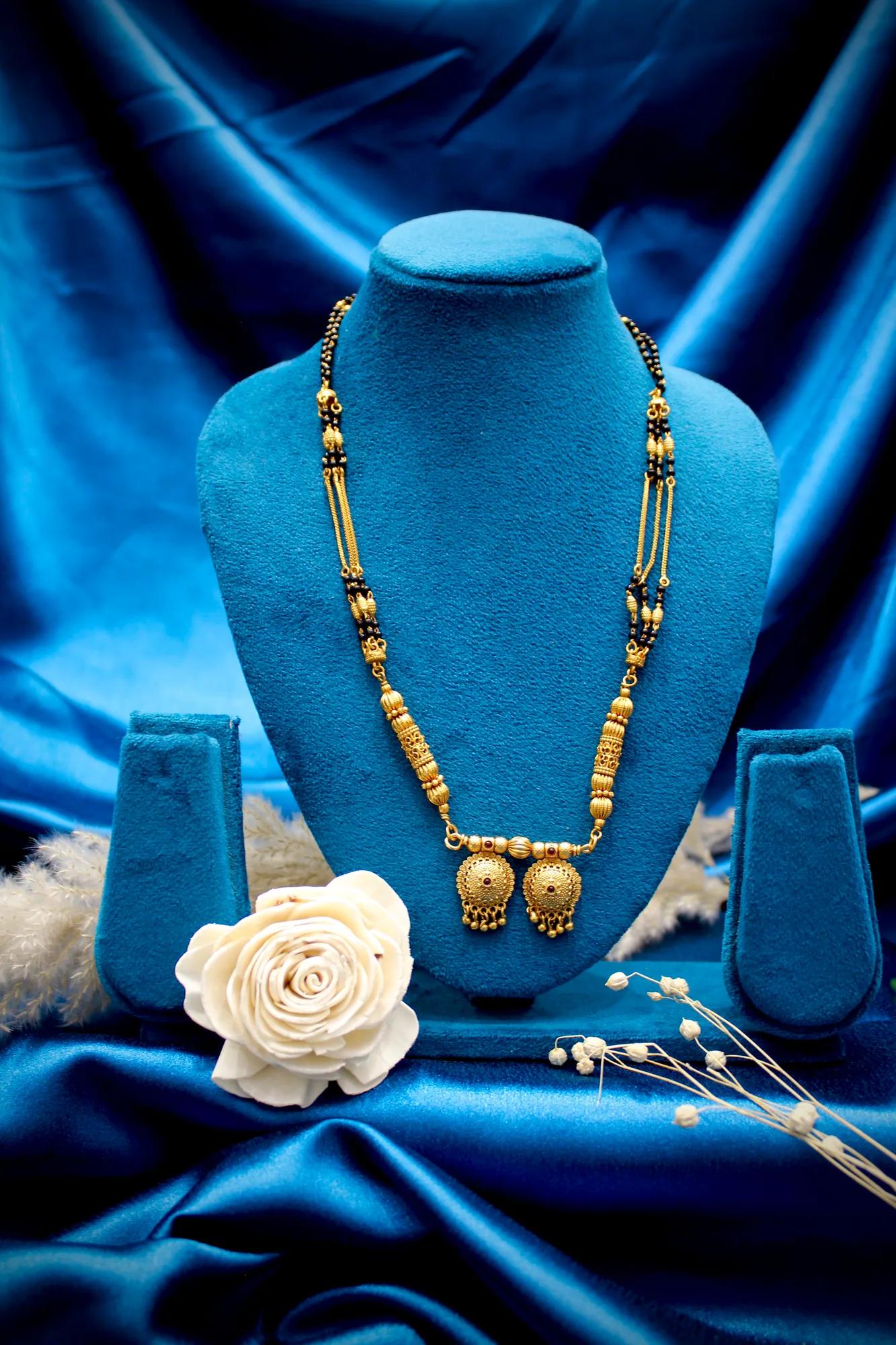 Classic Antique Gold Double Pendant Designer Black Bead Mangalsutra