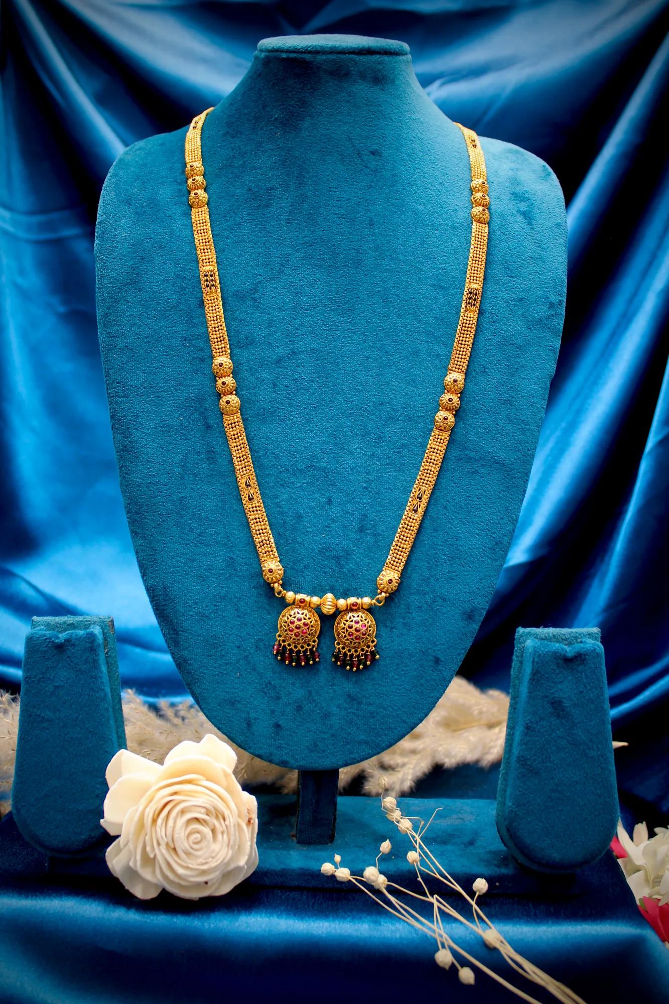 Royal Antique Gold Long Mangalsutra with Twin Floral Jhumka Pendants