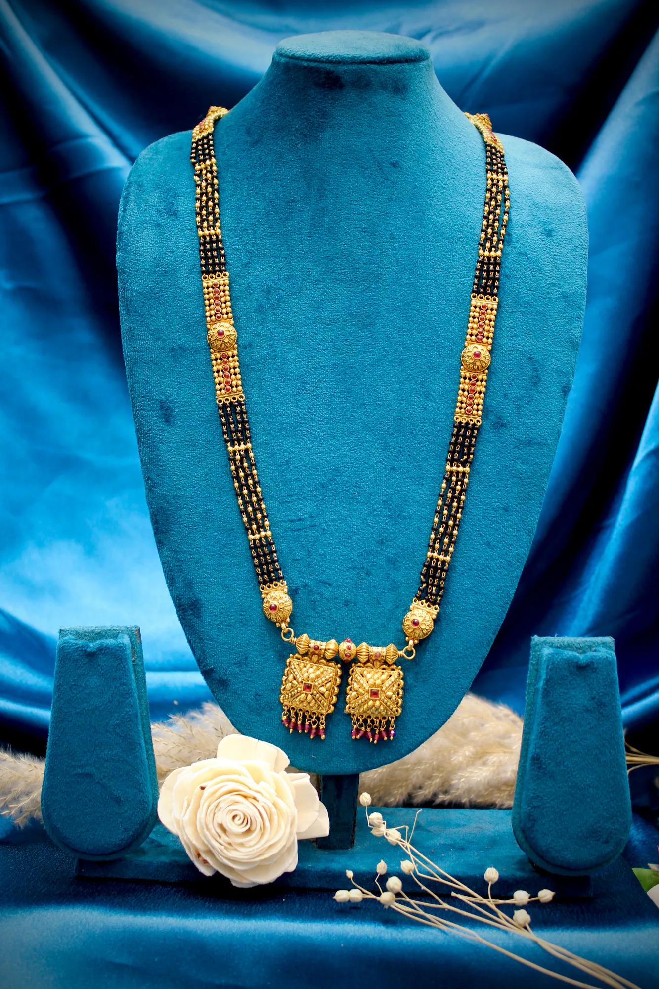 Traditional Dual Pendant Black Bead Mangalsutra with Antique Gold Finish