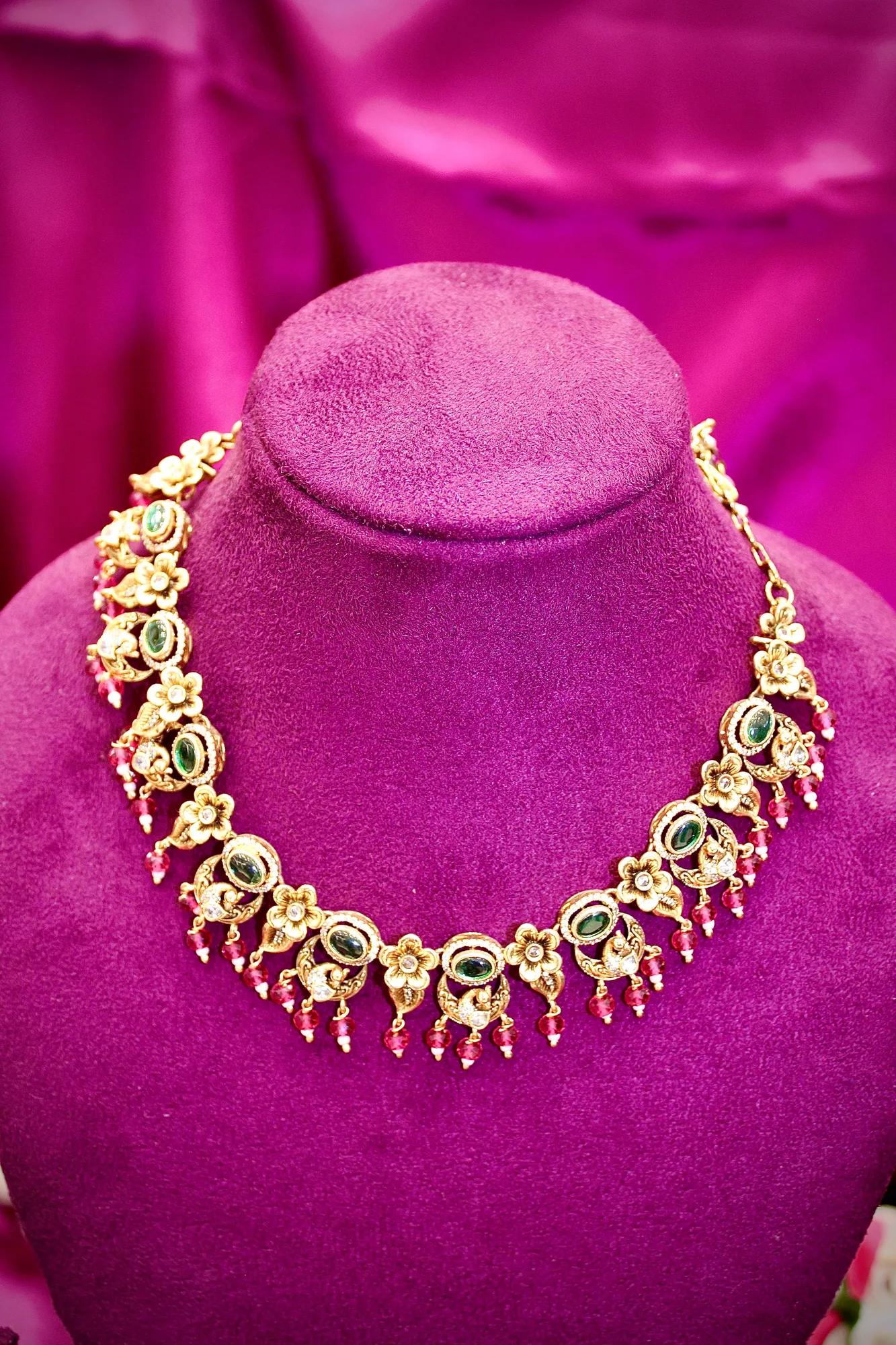 Antique Gold-Plated Floral Green Stone Choker Necklace Set with Matching Earrings