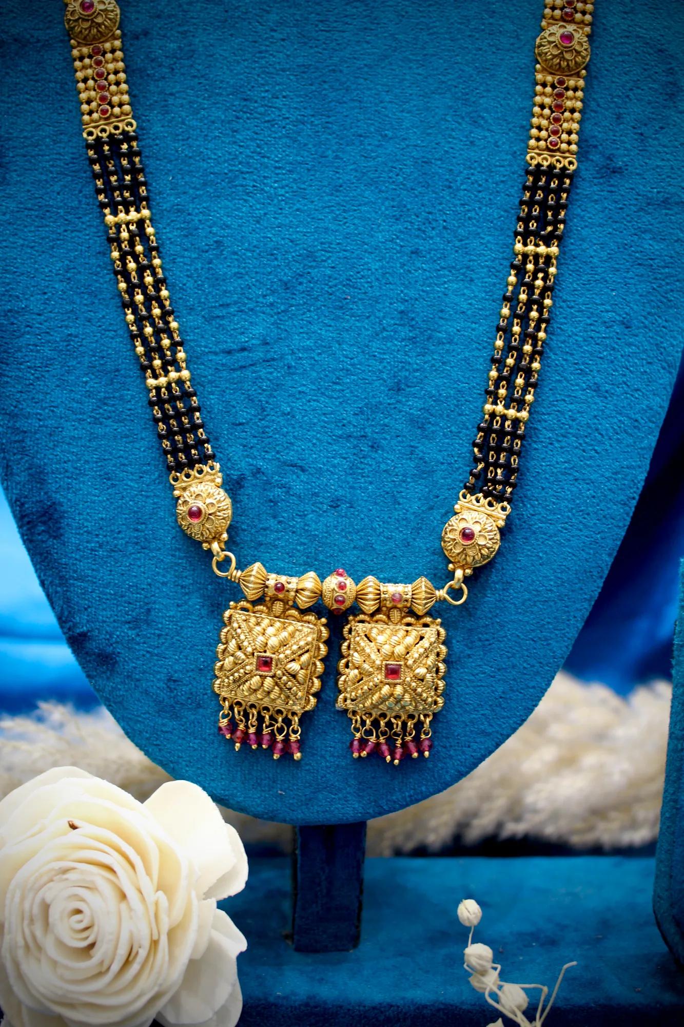 Traditional Dual Pendant Black Bead Mangalsutra with Antique Gold Finish