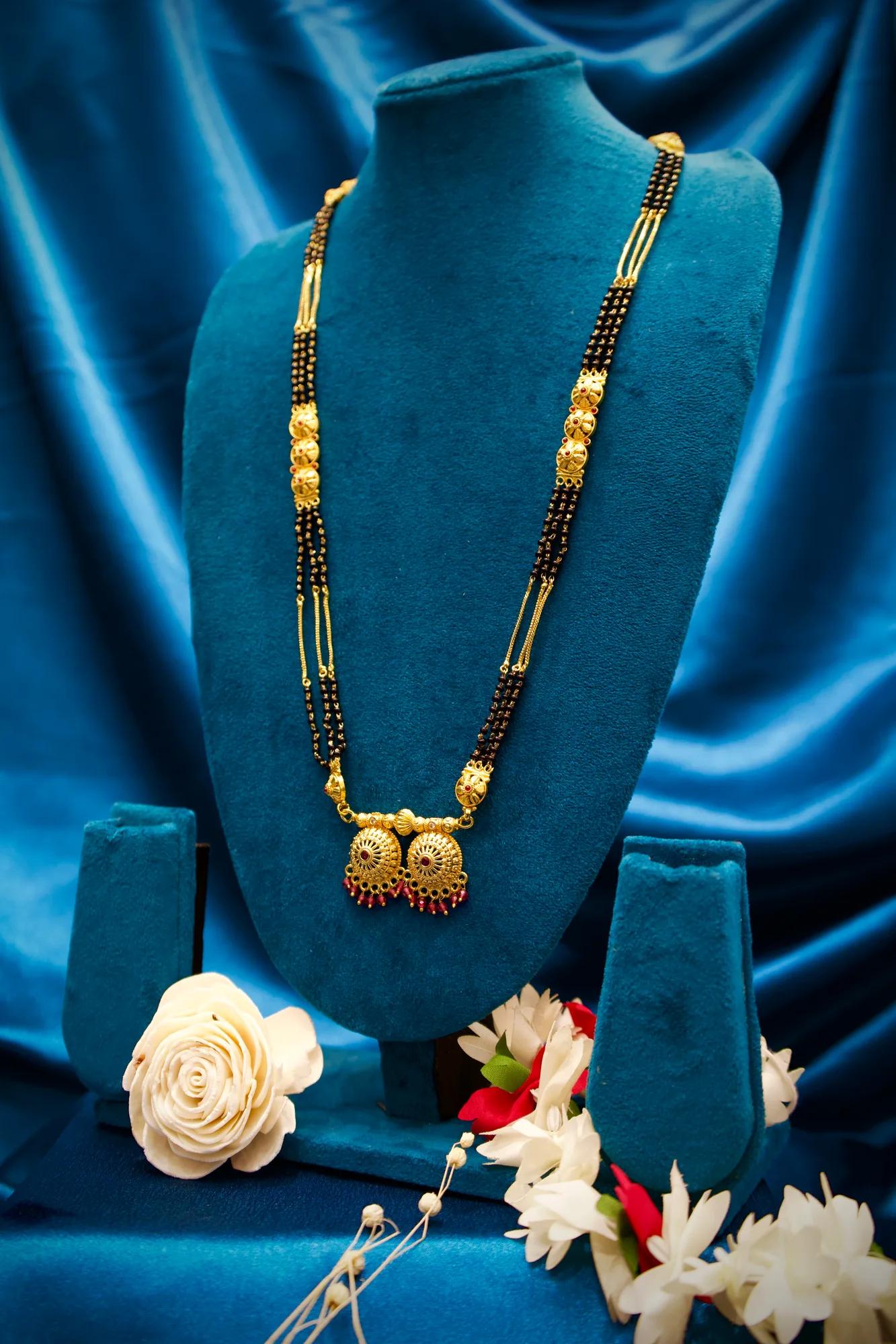 Traditional Black Bead Long Mangalsutra with Dual Jhumka Charms