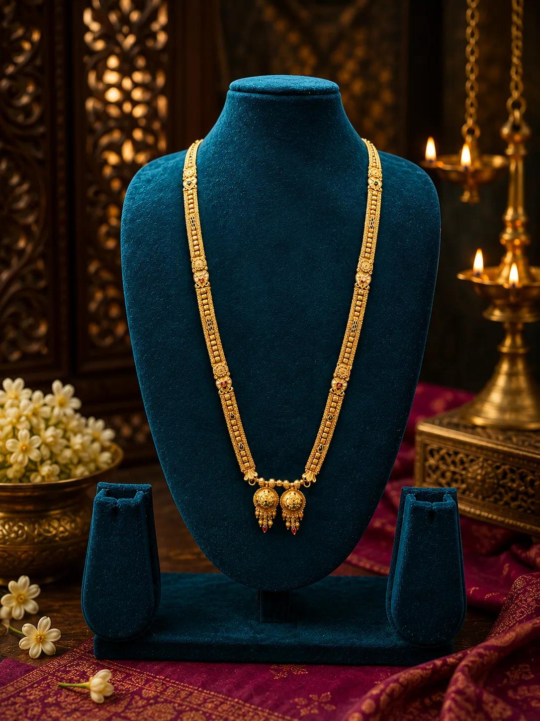Antique Gold Granule Long Haaram with Twin Locket Pendant & Ruby Drops