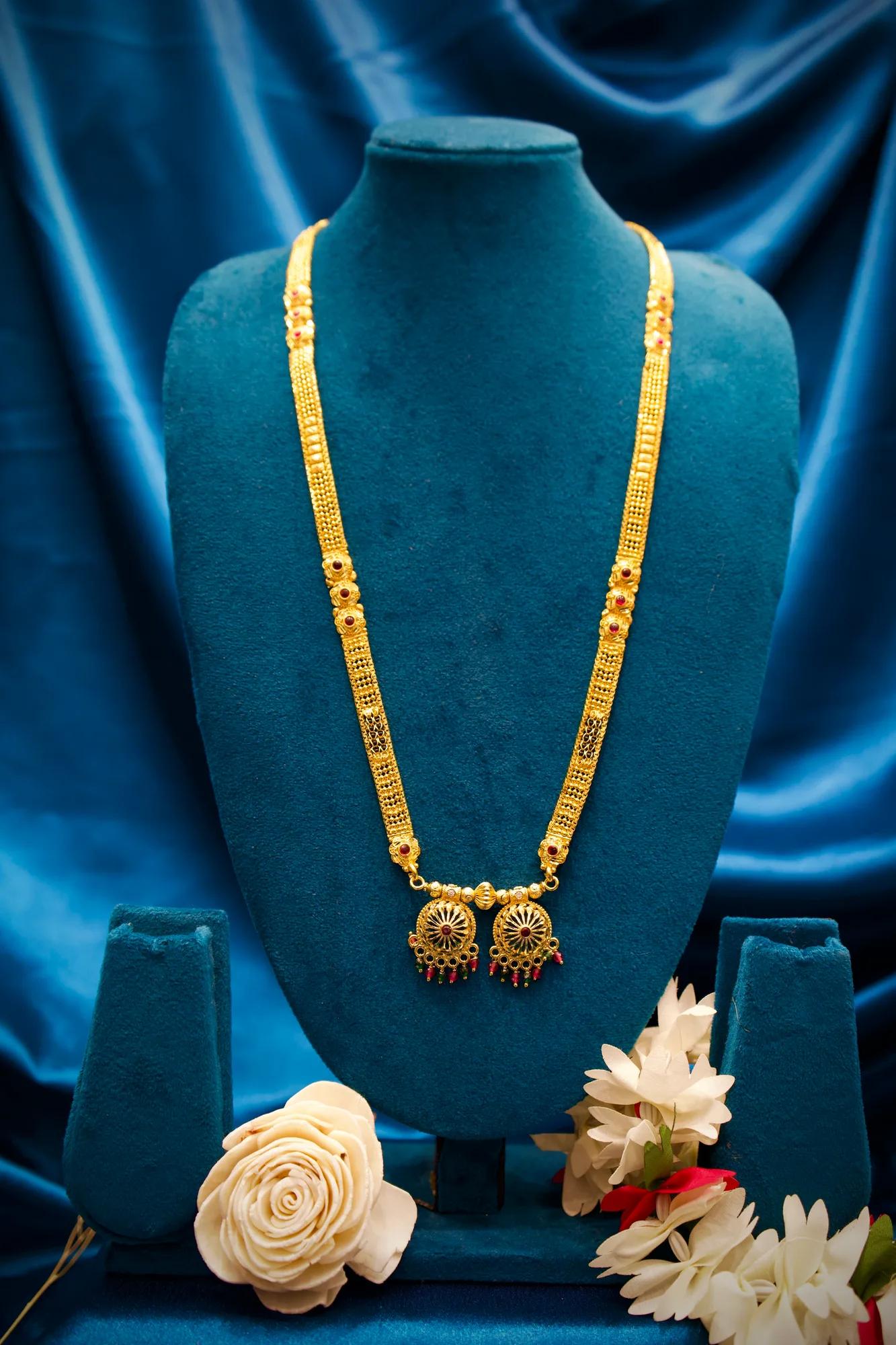 Antique Gold Tone Long Haram Mangalsutra with Dual Floral Disc Pendants