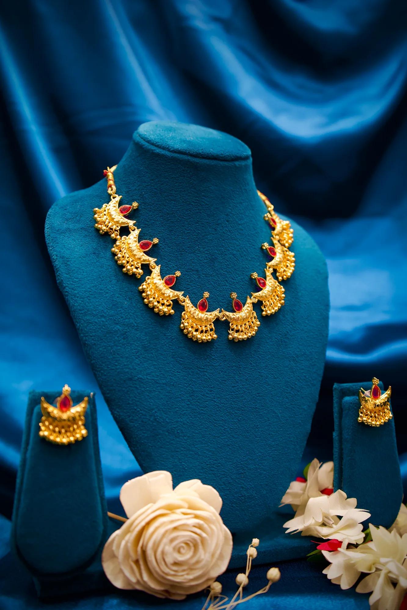 Royal Crescent Motif Choker Necklace Set with Ruby Stone Accents