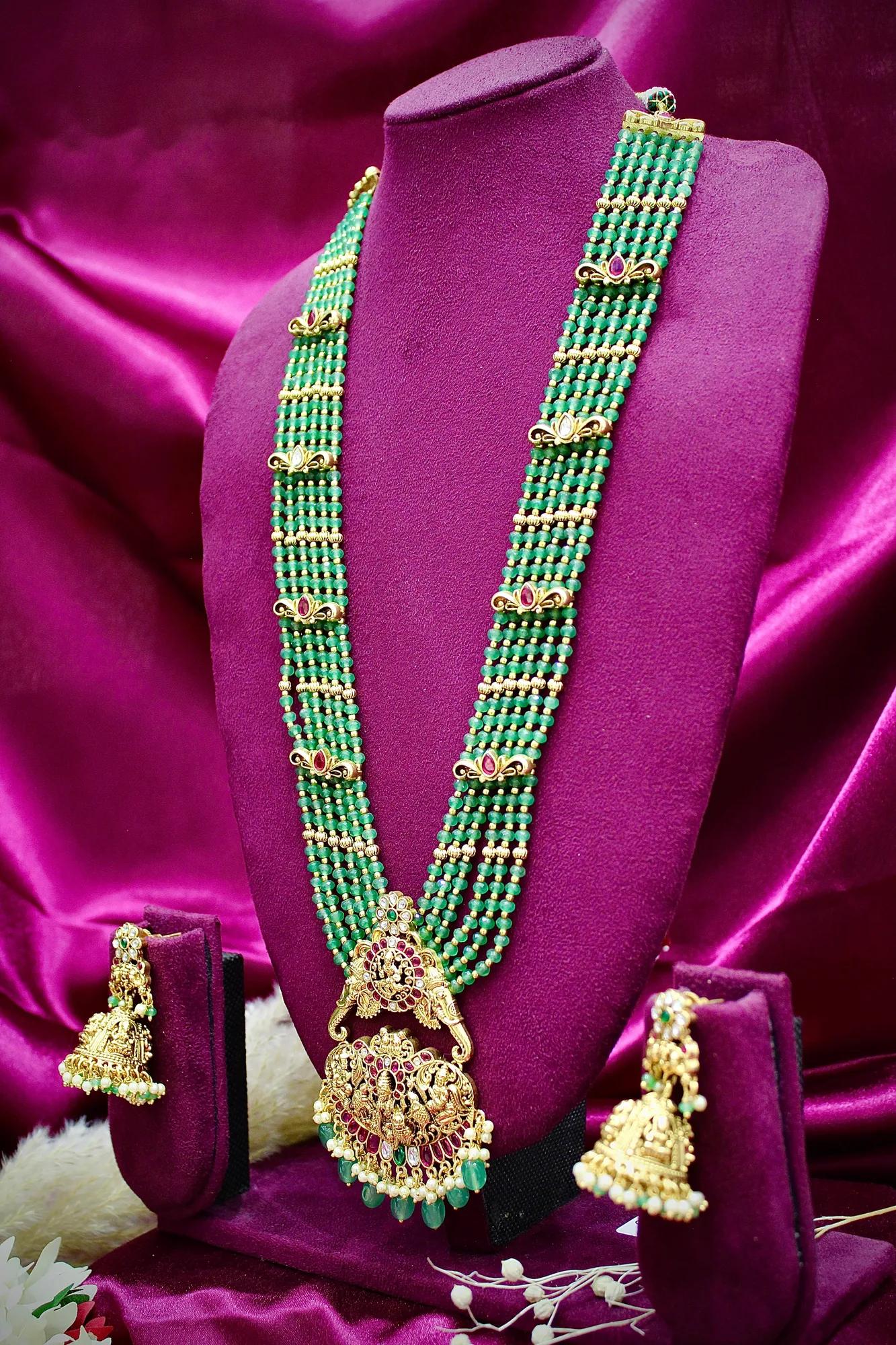 Royal Temple Green Beaded Long Haram Necklace Set with Jhumka Earrings