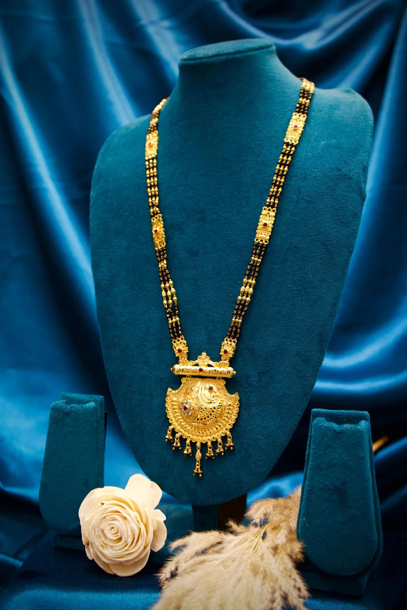Traditional Black Bead Long Mangalsutra Haram with Antique Pendant