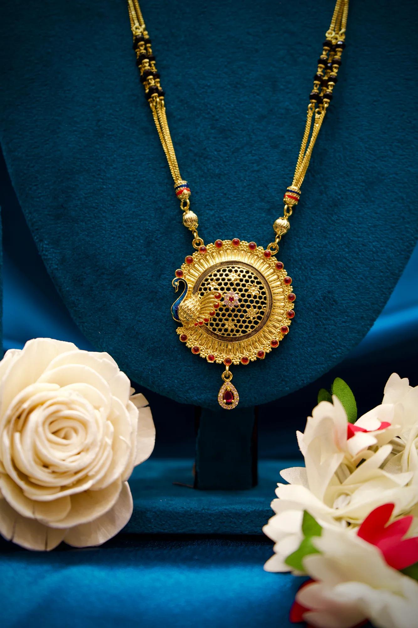 Peacock Motif Round Pendant Gold-Tone Mangalsutra Necklace