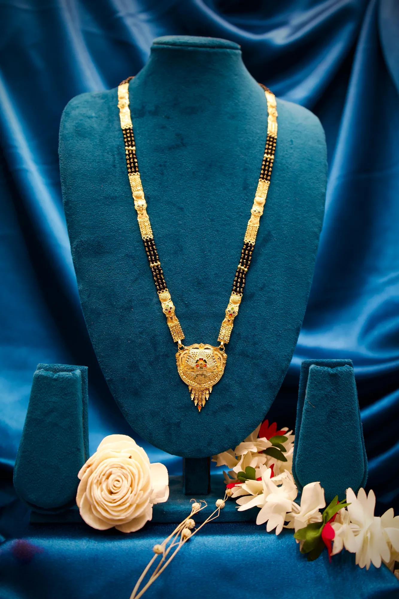 Traditional Black Bead Long Mangalsutra with Antique Shield Pendant