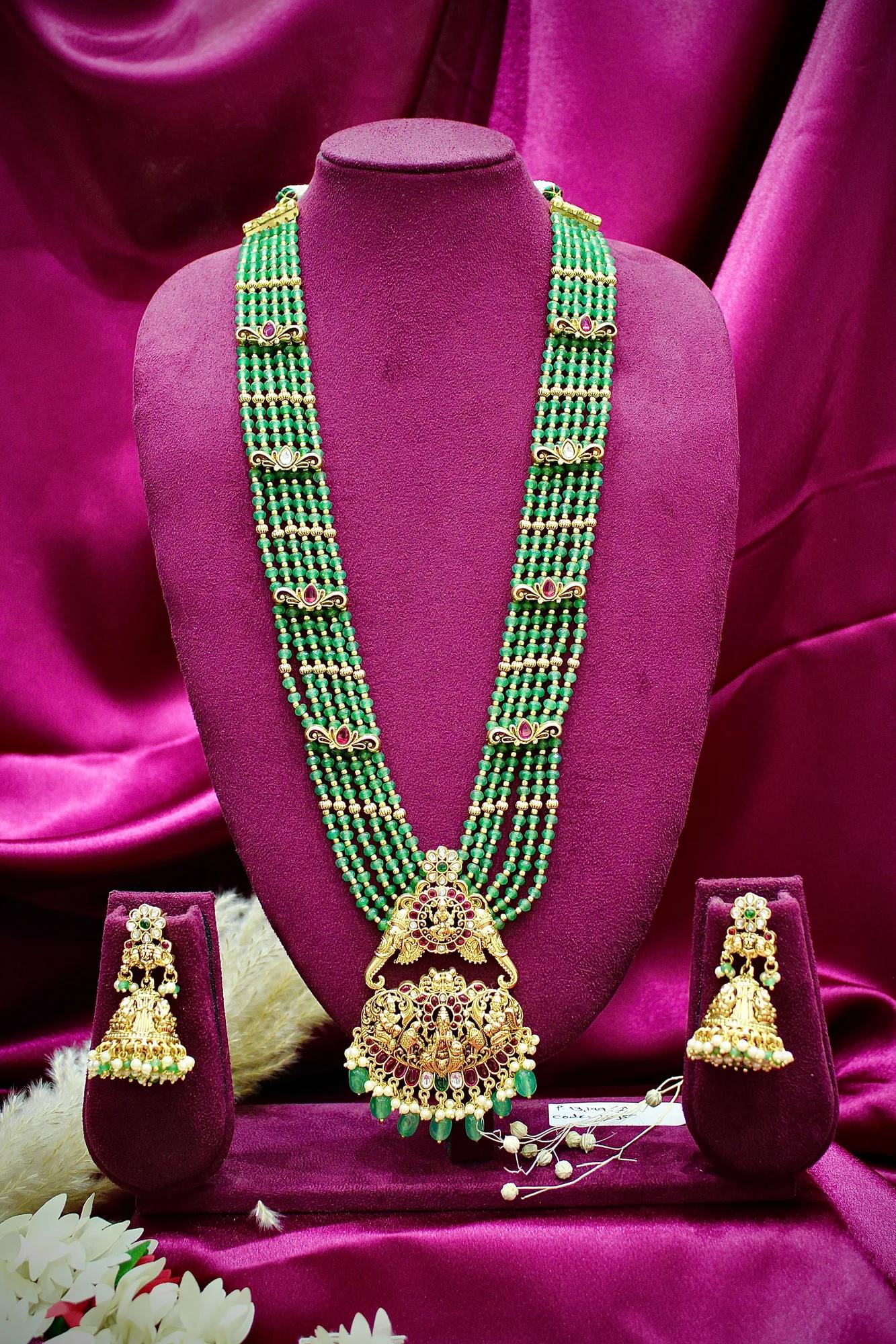 Royal Temple Green Beaded Long Haram Necklace Set with Jhumka Earrings