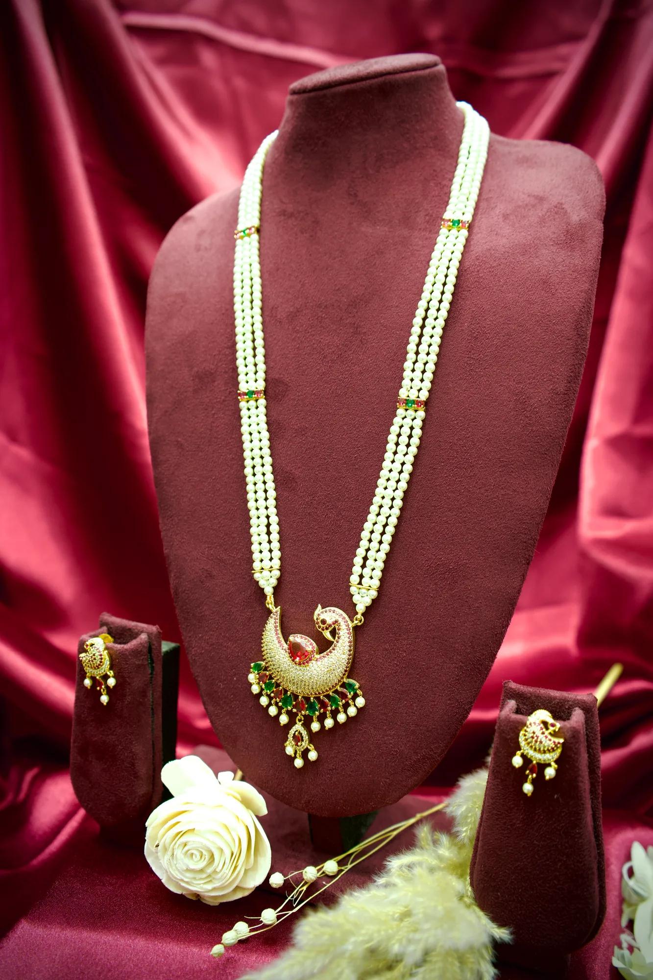 Royal Peacock Pearl Long Necklace Set
