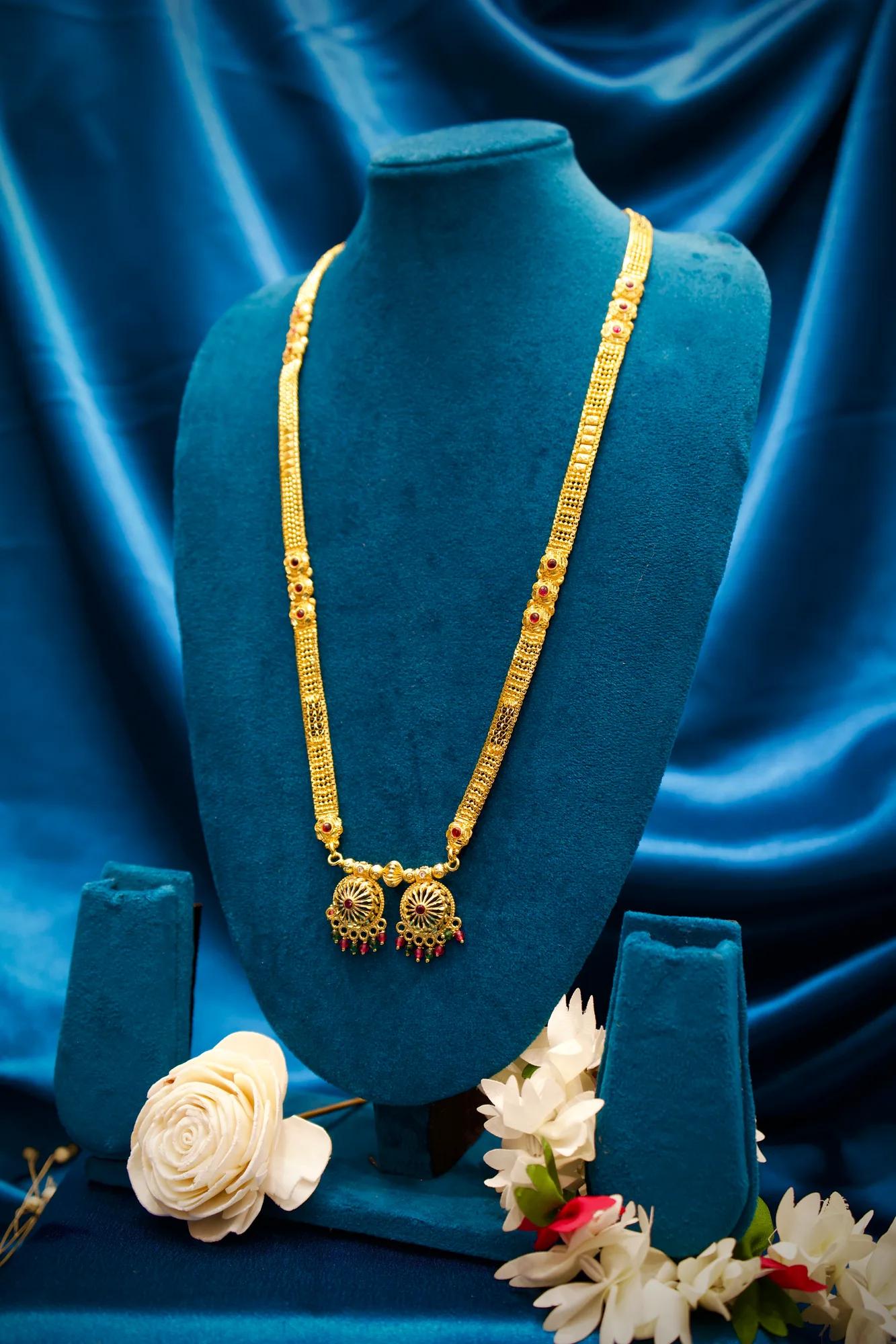 Antique Gold Tone Long Haram Mangalsutra with Dual Floral Disc Pendants