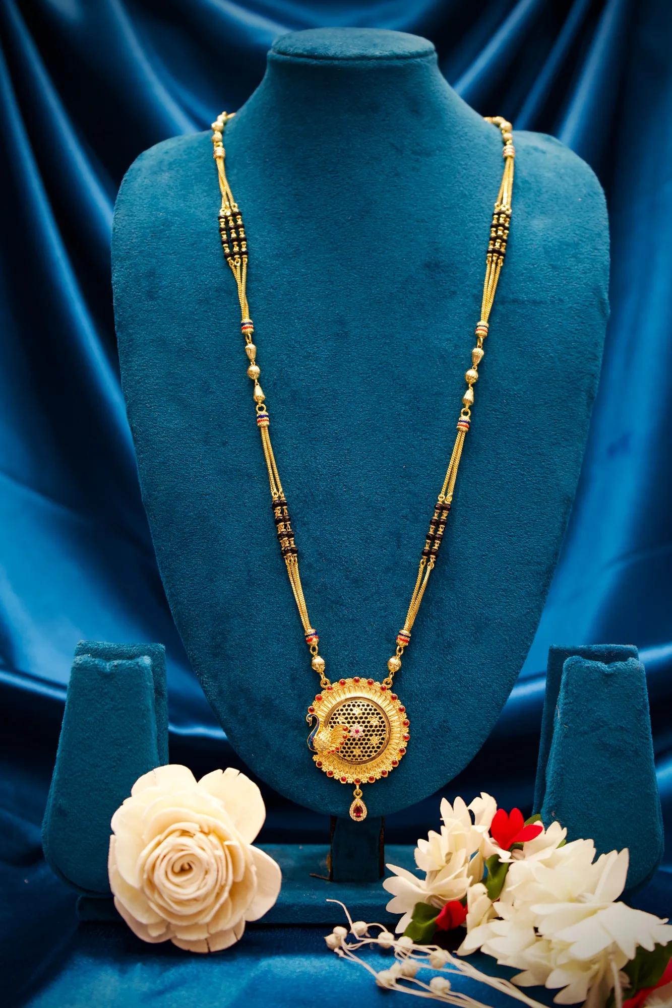 Peacock Motif Round Pendant Gold-Tone Mangalsutra Necklace