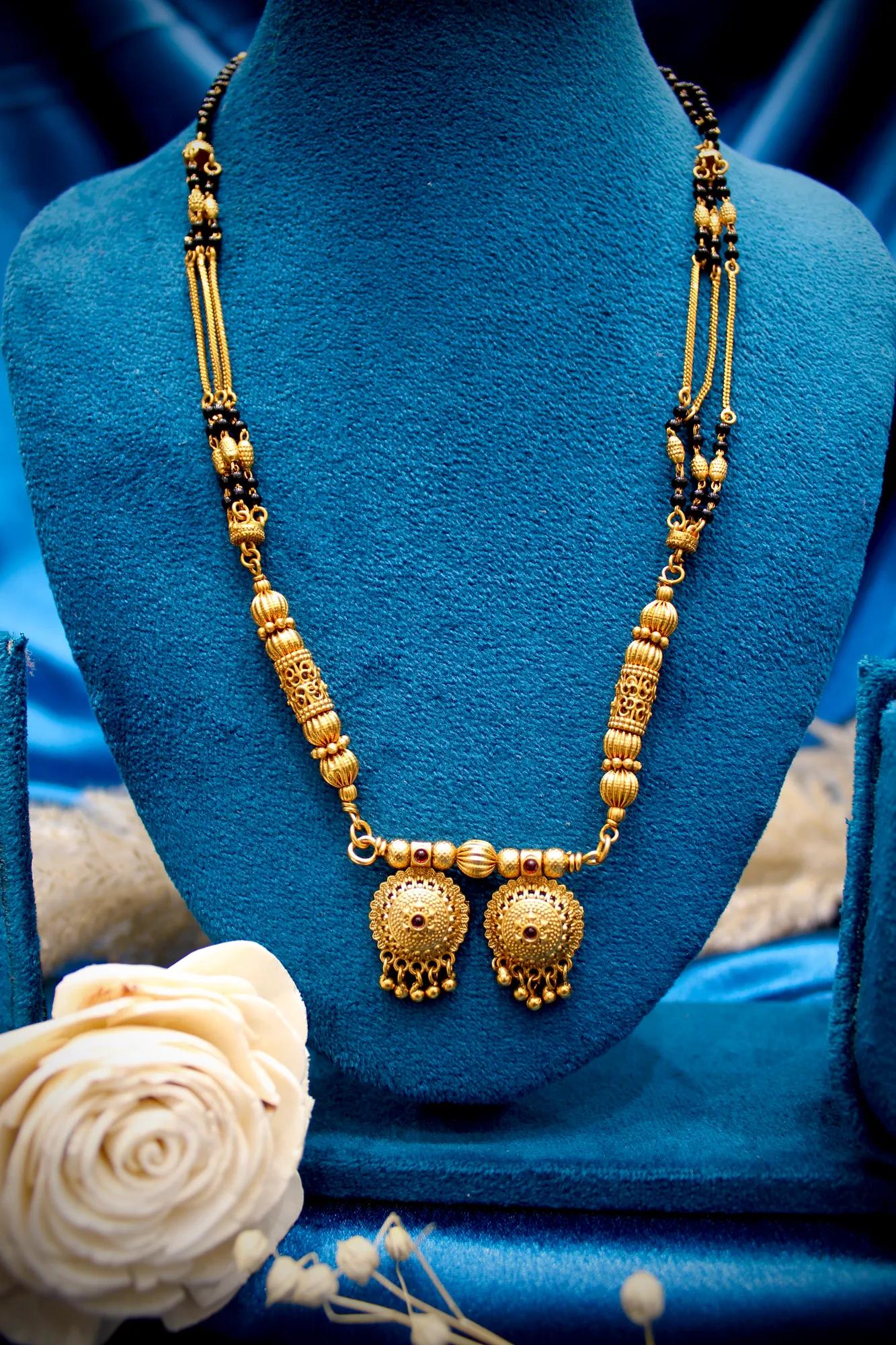 Classic Antique Gold Double Pendant Designer Black Bead Mangalsutra