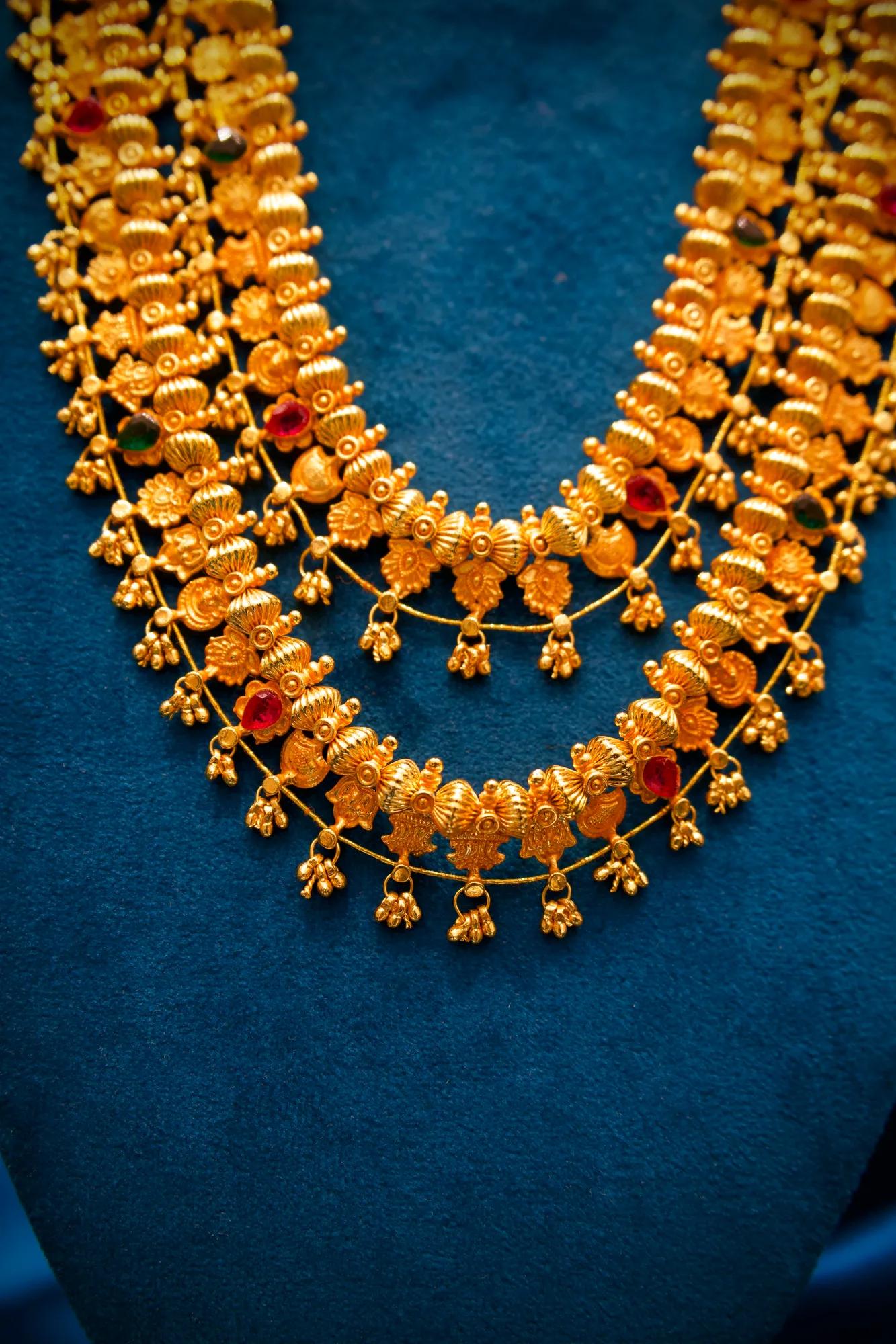 Royal Floral Temple Long Haram Necklace with Dual-Layer Design