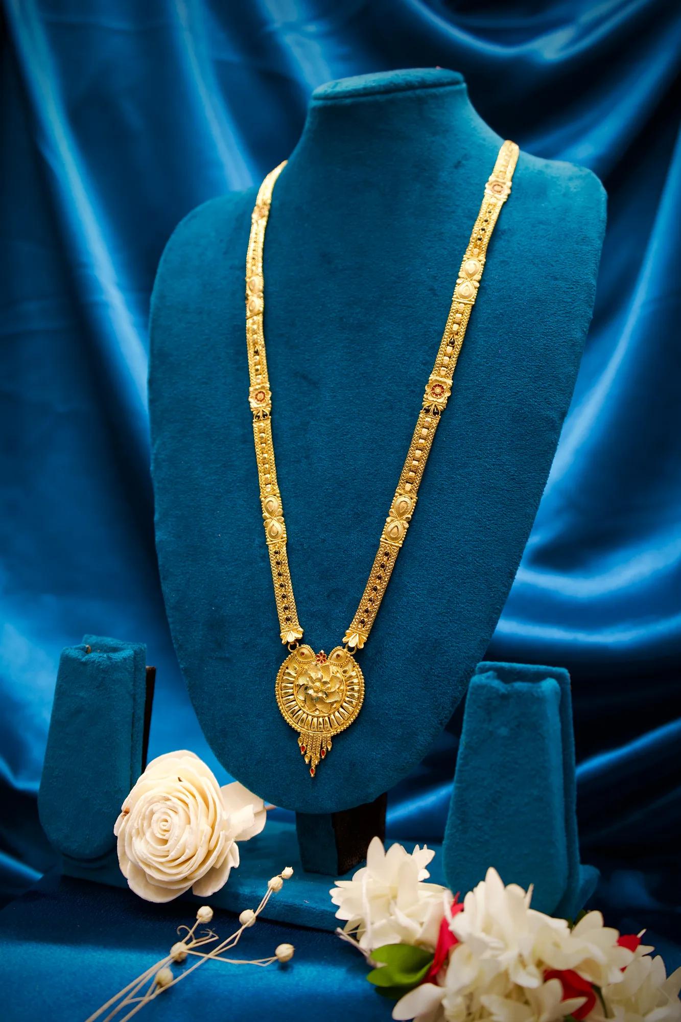 Traditional Antique Gold Long Haram Mangalsutra with Floral Medallion Pendant