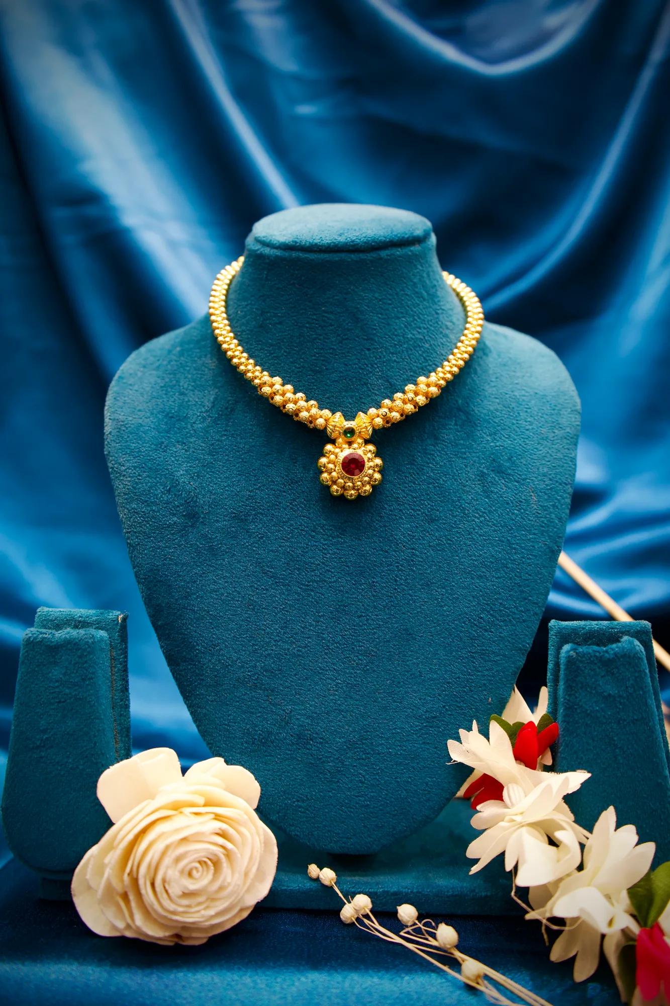 Traditional Floral Gold Bead Choker Necklace with Ruby Stone Pendant