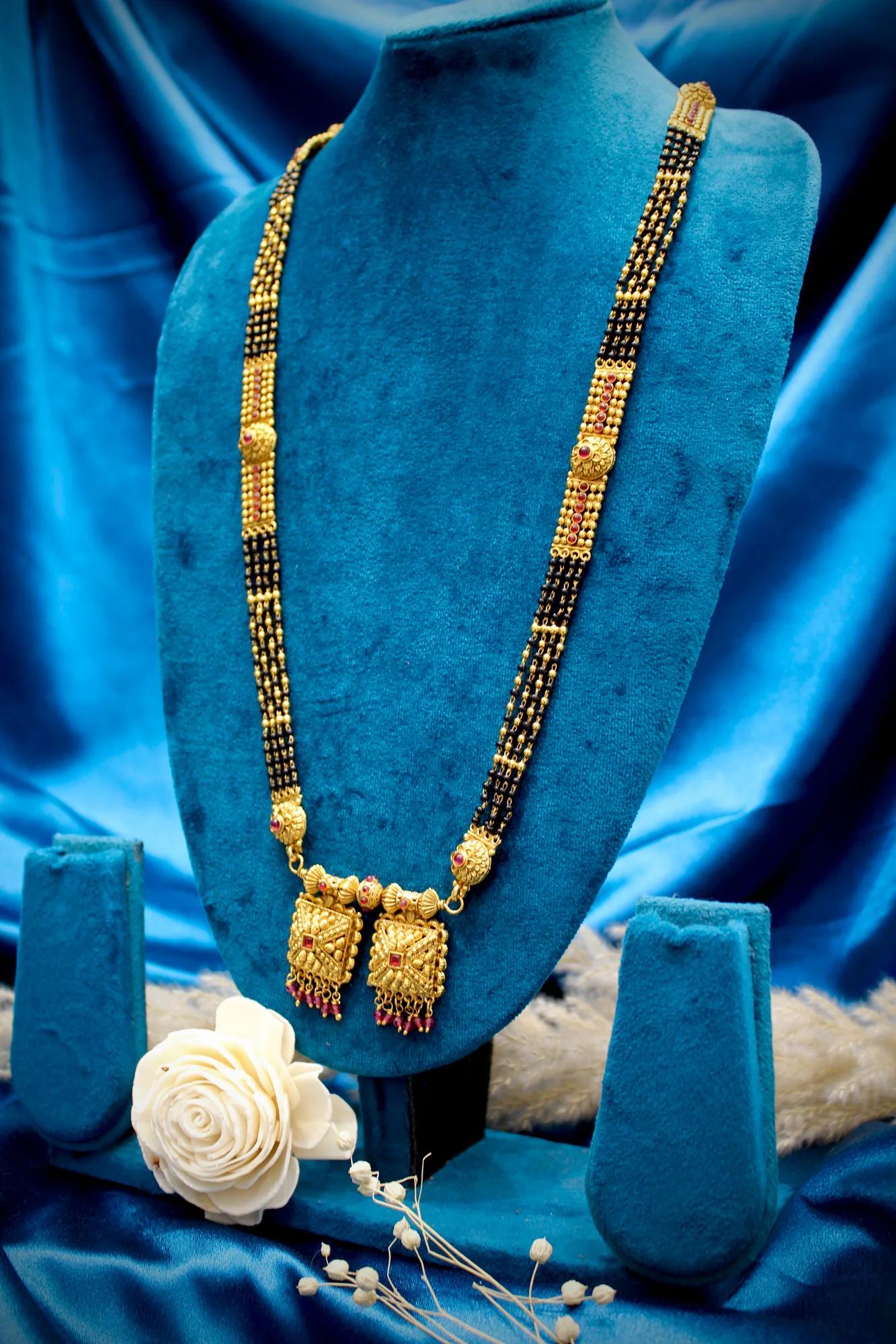 Traditional Dual Pendant Black Bead Mangalsutra with Antique Gold Finish