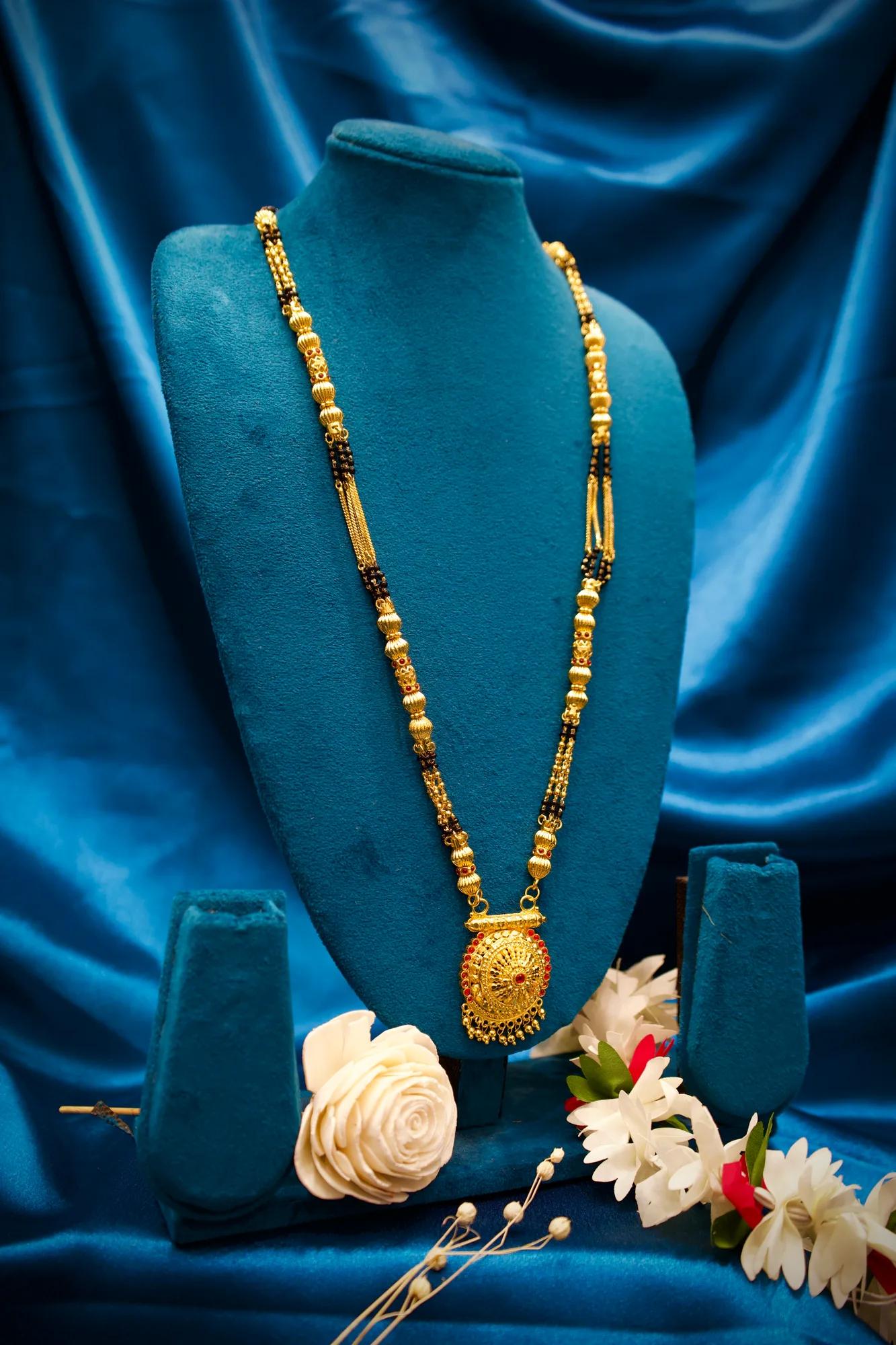 Traditional Black Bead Mangalsutra with Circular Temple Pendant