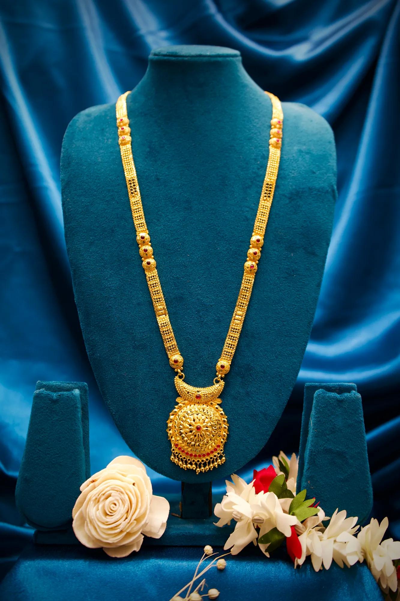 Antique Gold Finish Long Haram Mangalsutra with Floral Temple Pendant