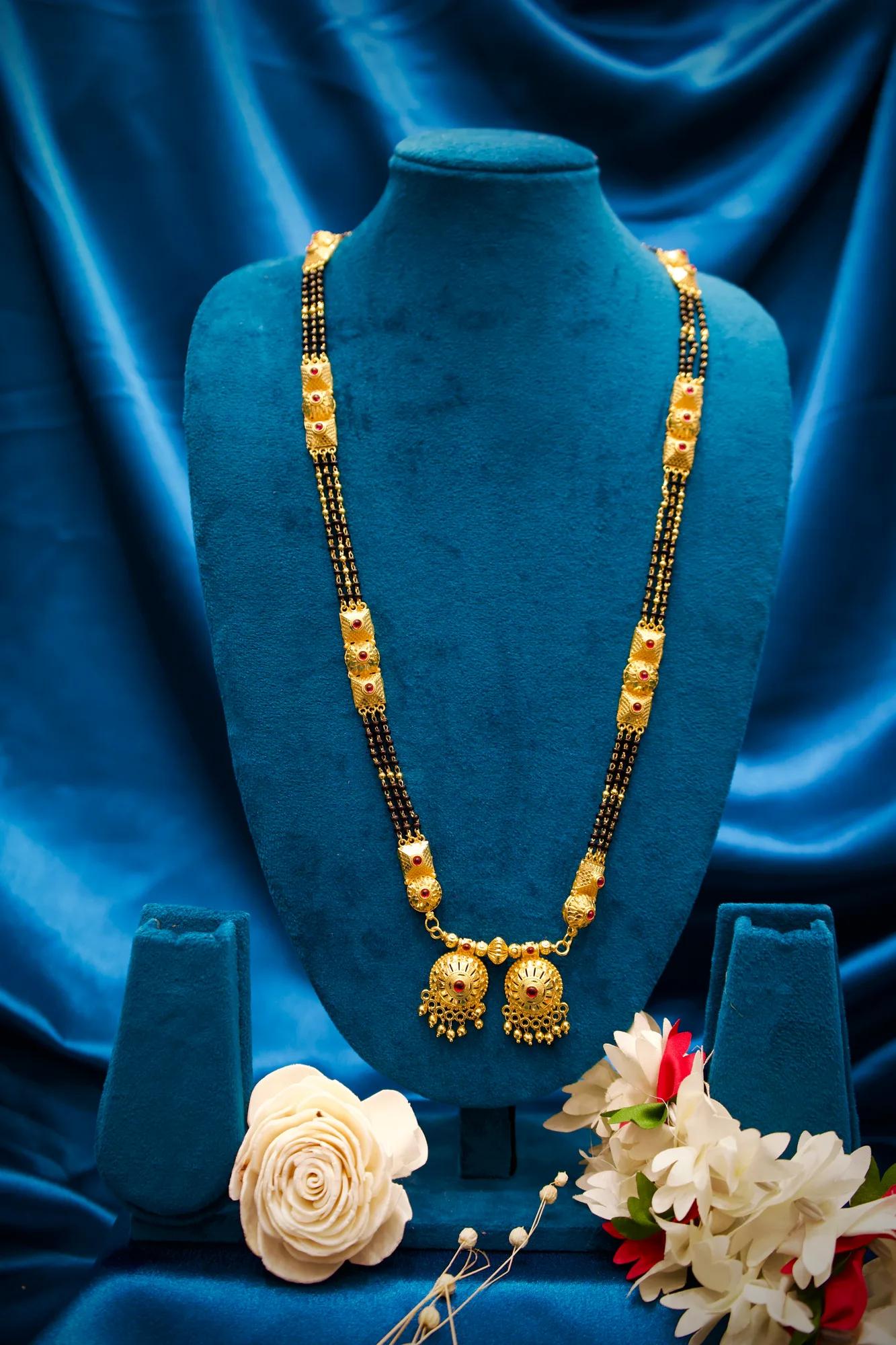 Traditional Black Bead Long Mangalsutra with Dual Dome Charms