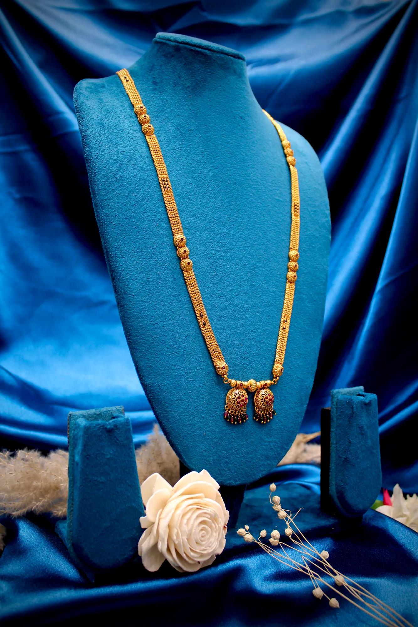 Royal Antique Gold Long Mangalsutra with Twin Floral Jhumka Pendants