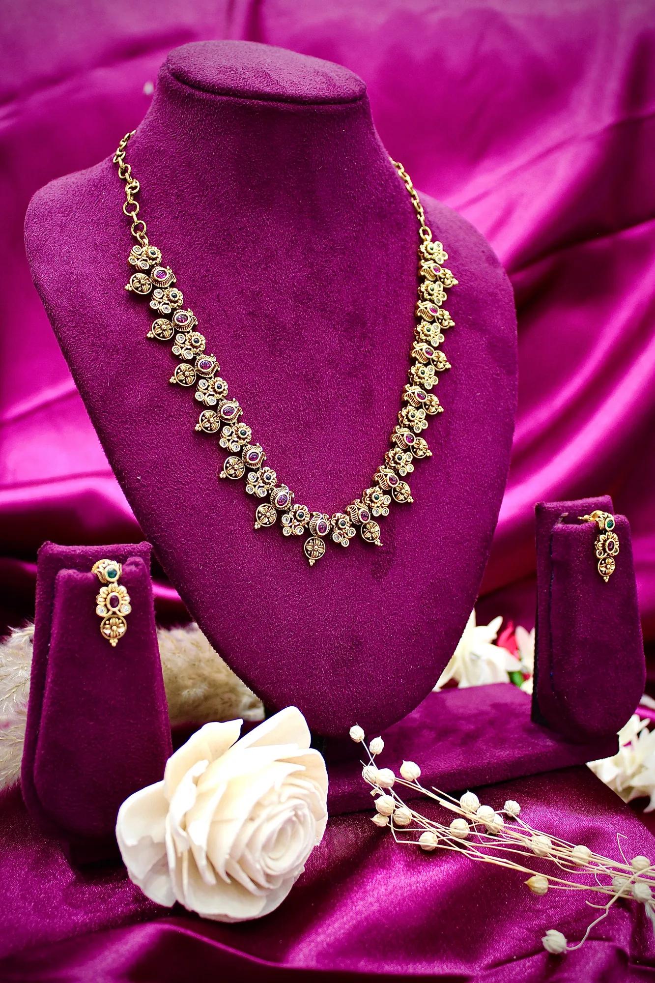 Antique Temple Floral Necklace Set with Multicolor Stone Accents
