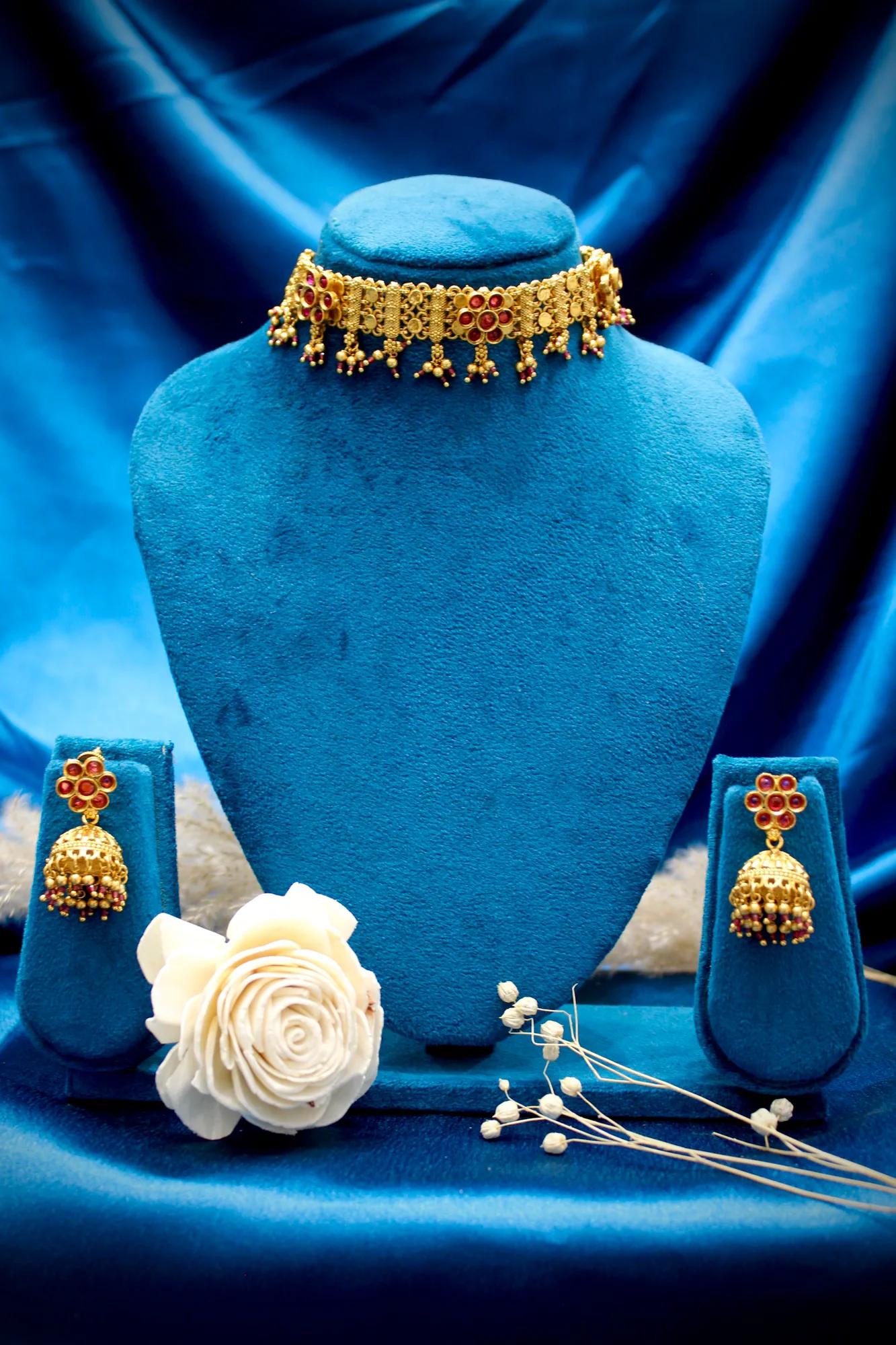 Antique Floral Choker Set with Ruby-Tone Stones