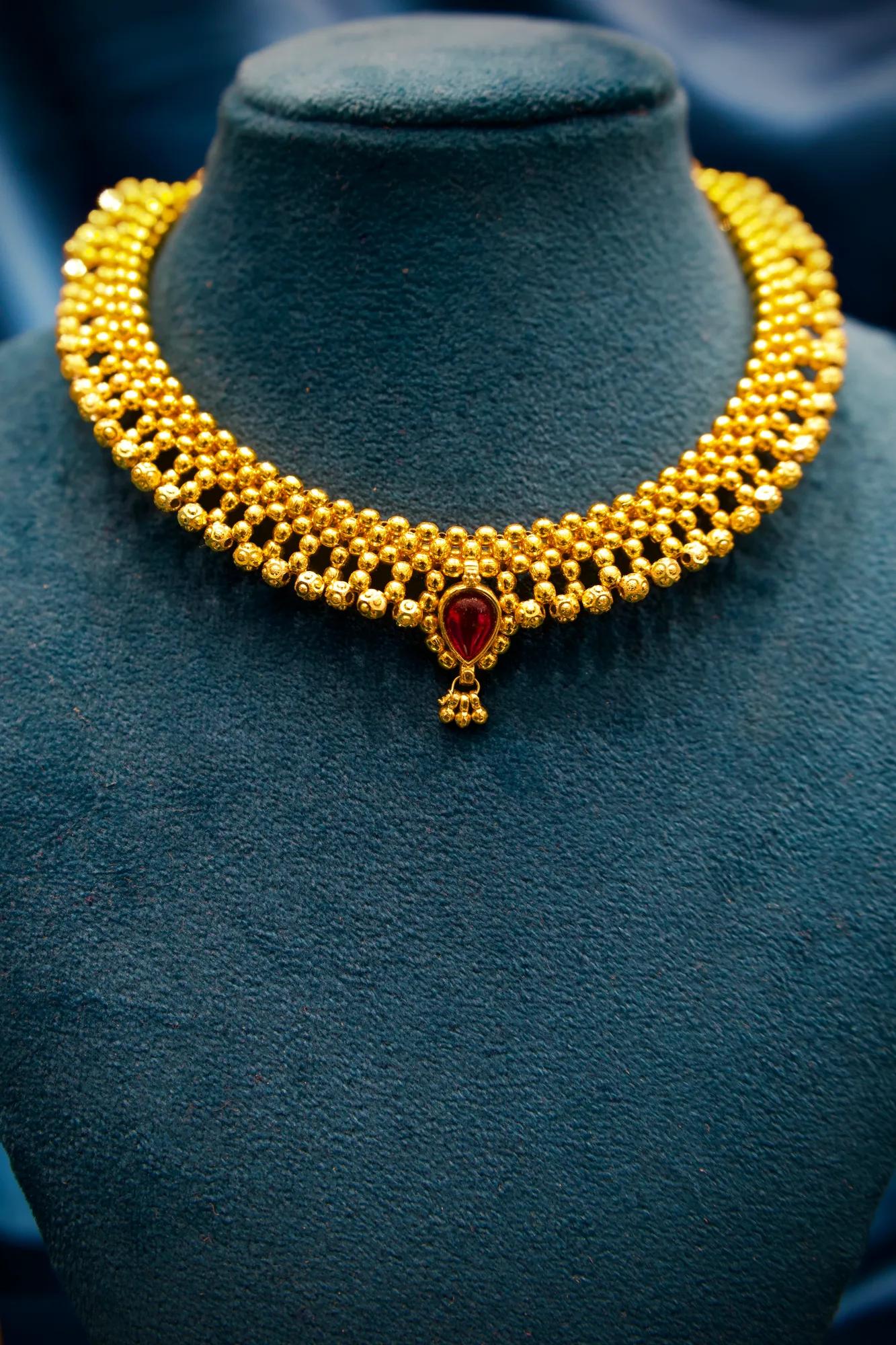 Antique Mesh Bead Choker Necklace with Ruby Drop Accent