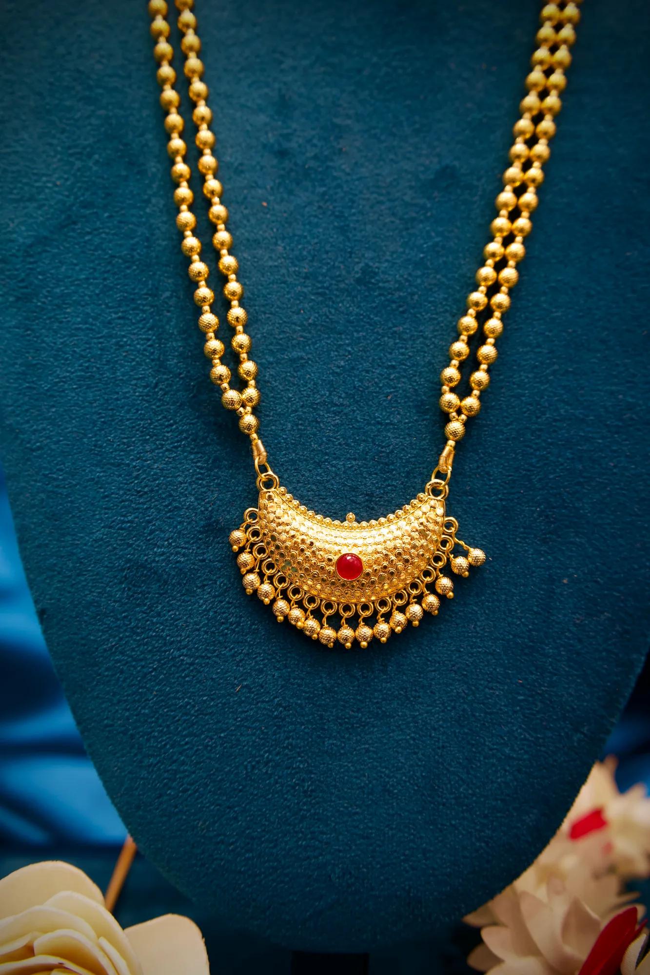 Traditional Gold Bead Necklace Set with Crescent Pendant